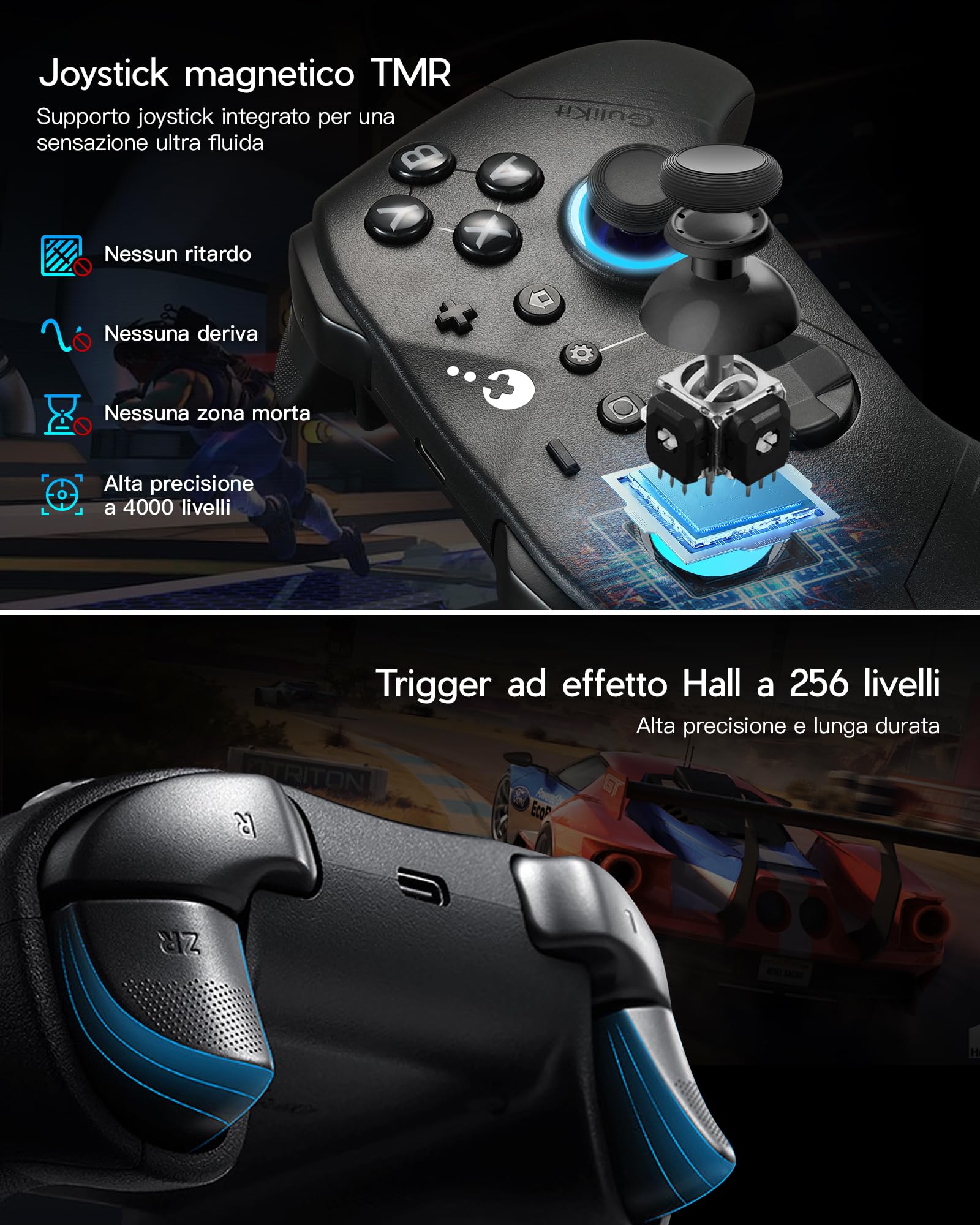 GuliKit ES PRO Controller Wireless per PC Switch 1/2 Android – Il Controller più Veloce con Latenza di 3,25 ms, Joystick TMR, 30 ore di Autonomia della Batteria e Funzione di Riattivazione