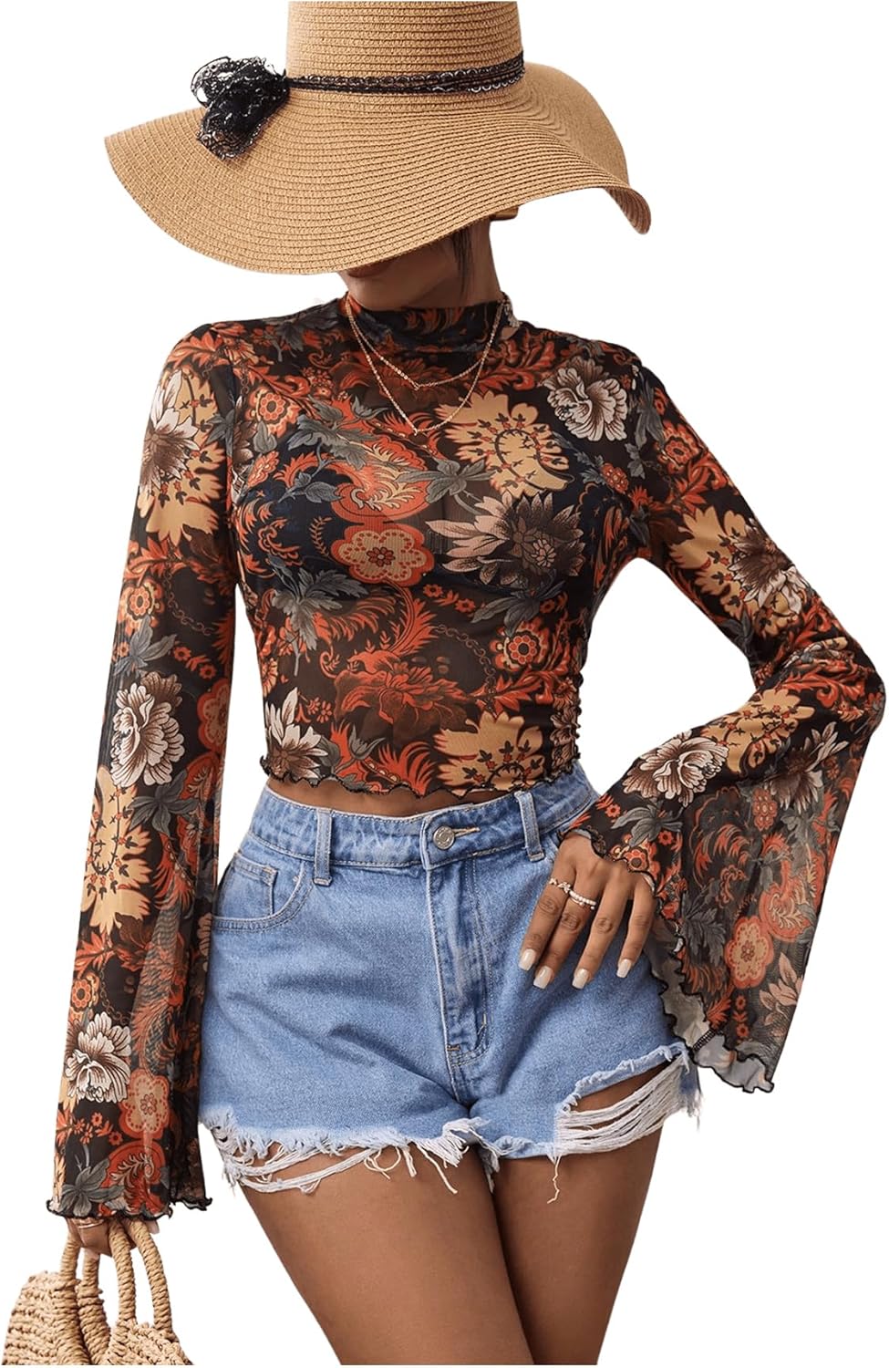 GORGLITTER Women's Floral Bell Sleeve Boho Crop Tops 70s Mesh Vinatge Western Country Concert Blouse - Image 4