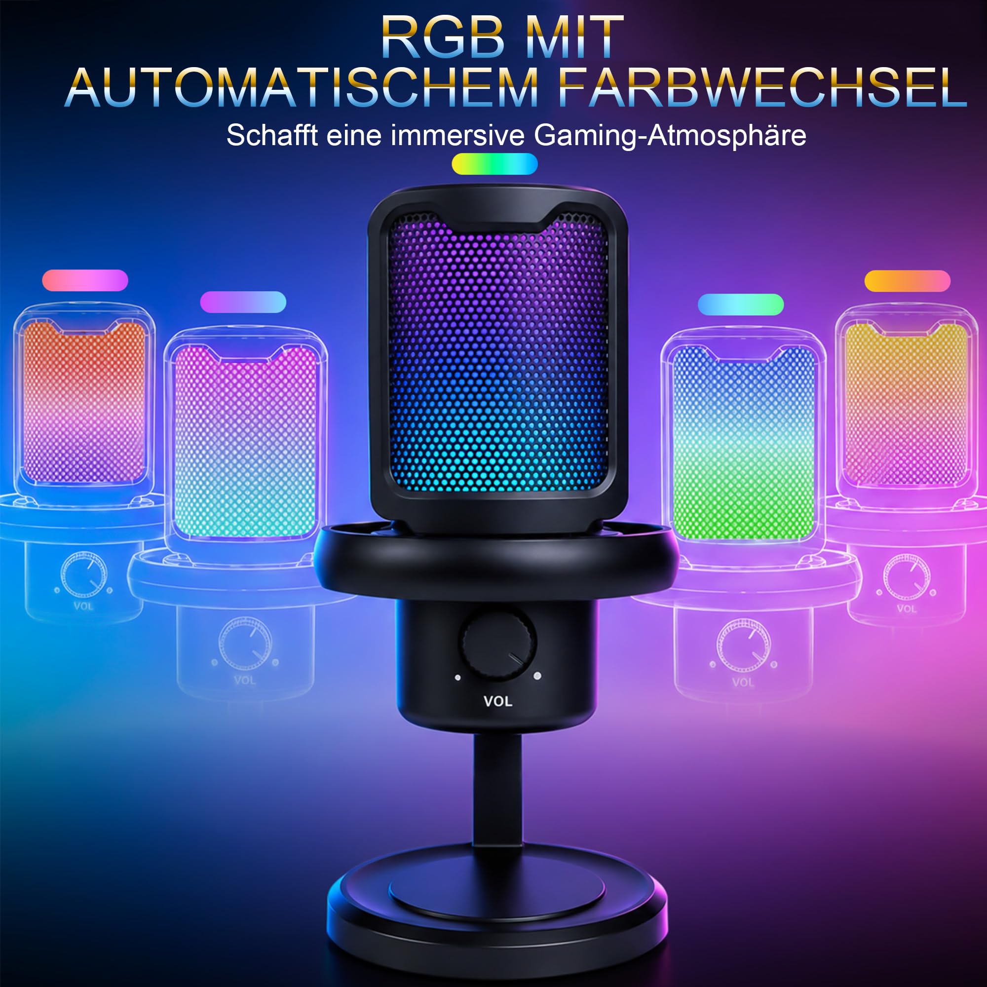 Micrófono USB para videojuegos con RGB, filtro pop y reducción de ruido (negro)