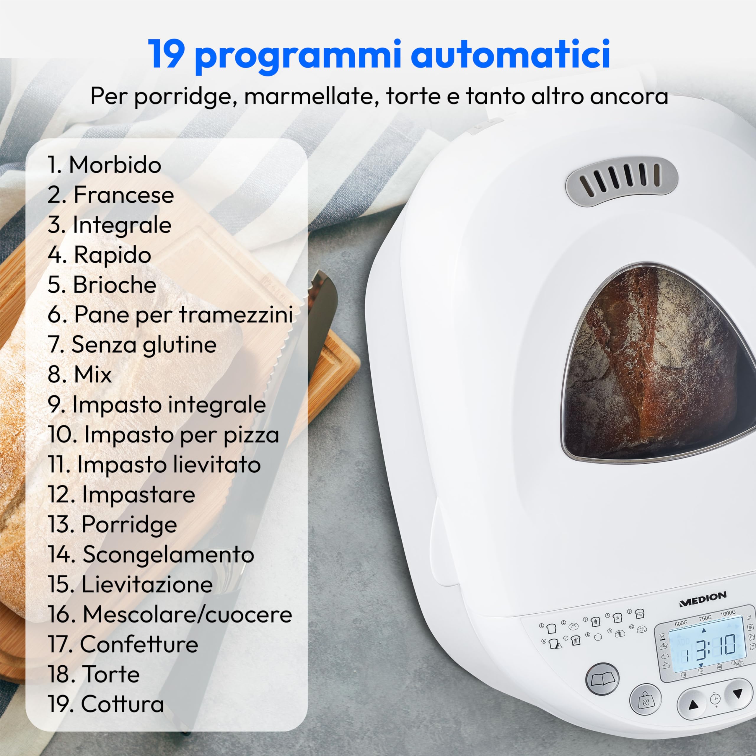 MEDION Macchina per il pane fino a 1000g, macchina del pane con 19 programmi, funzione mantenimento calore, robot da cucina multifunzionale, impastatrice, fornetto elettrico con timer, MD 11011