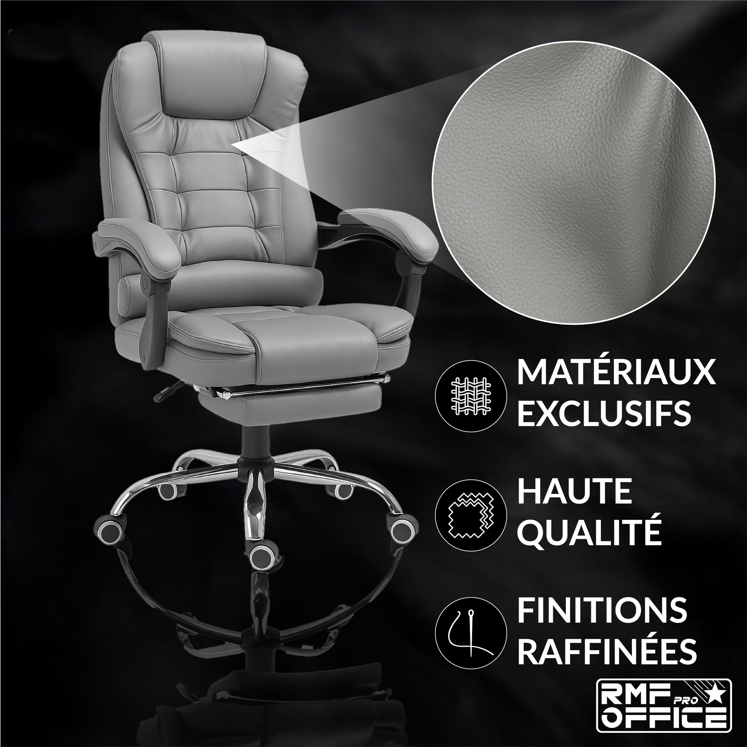 RMF Fauteuil de Bureau Ergonomique Inclinable avec Repose-Pieds, Chaise de Bureau Confortable avec Roulettes Pivotantes et Hauteur Réglable Gris