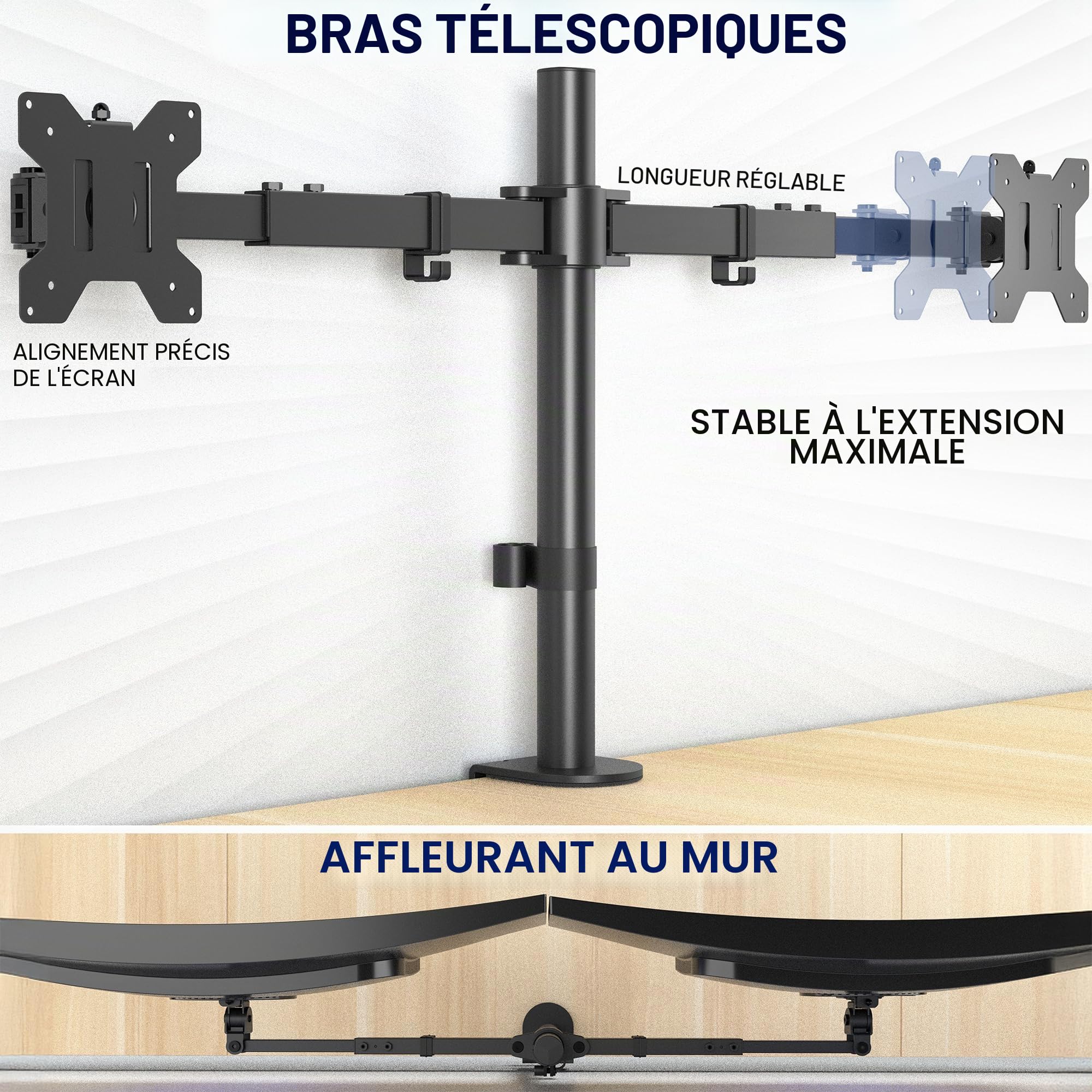 VIVO Support mural pour deux écrans LCD LED 21" à 32", bras télescopiques réglables, montage mural affleurant, compatible avec 2 écrans, noir, STAND-V002E
