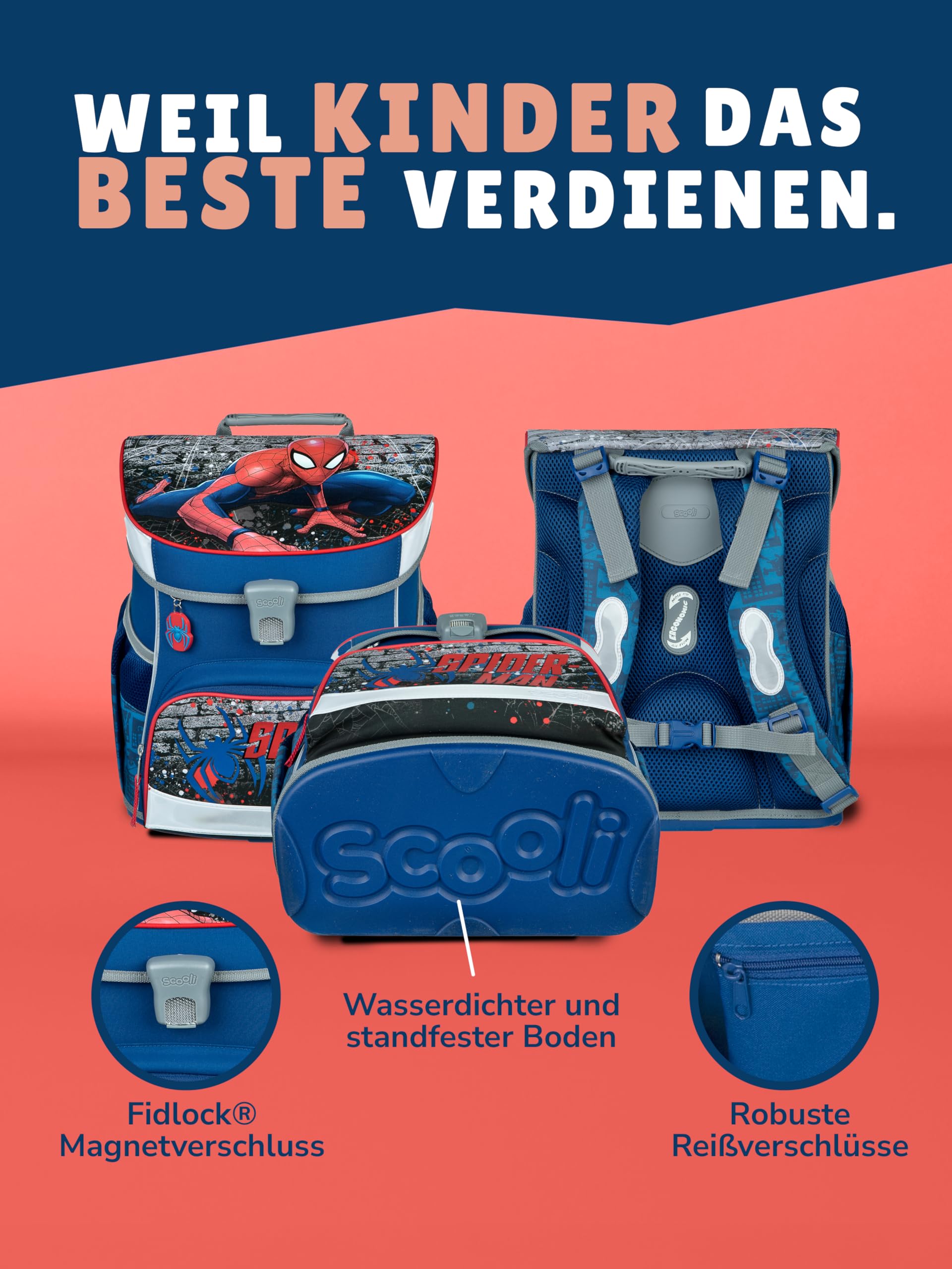 Familando - Scooli Campus Fit Schulranzen Set mit Spiderman - 9-teilig mit Sporttasche - Ergonomisch, Stabil & 980g leicht - 18L Volumen - Brustgurt & Reflektoren - ab 1. Klasse