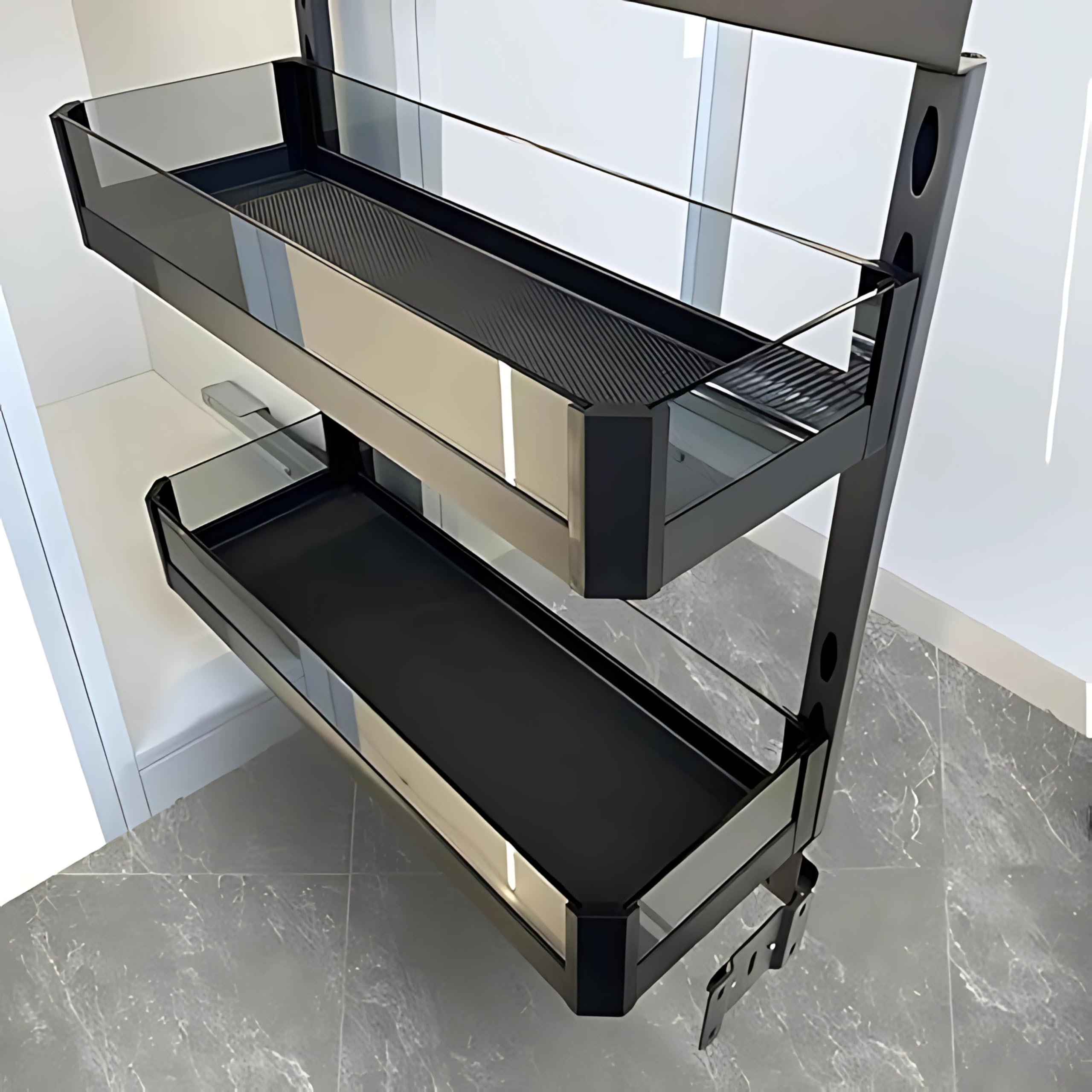 Jadespace 250mm Glass Soft-Close Bottle Pull-Out – 2-Tier Metal Organizer for Modular Kitchen Cabinets – Side-Mounted, 30kg Load Capacity 2