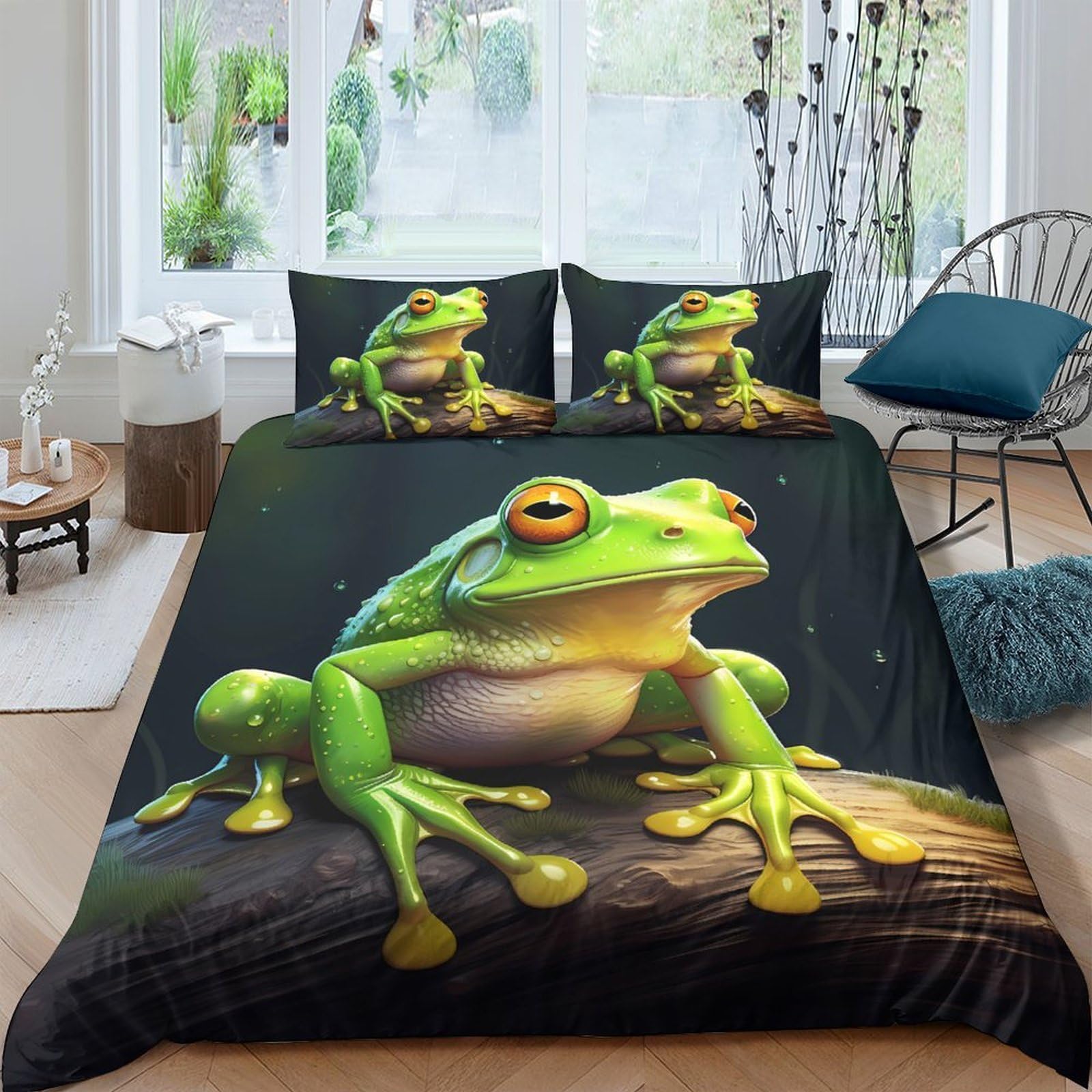 GPLZQXKJNH 3D Printed Green Frog Duvet Cover Microfiber Soft Breathable Tree Trunk Quilt Cover Set with 2 Pillowcases for Bedroom Decor Single（135x200cm）