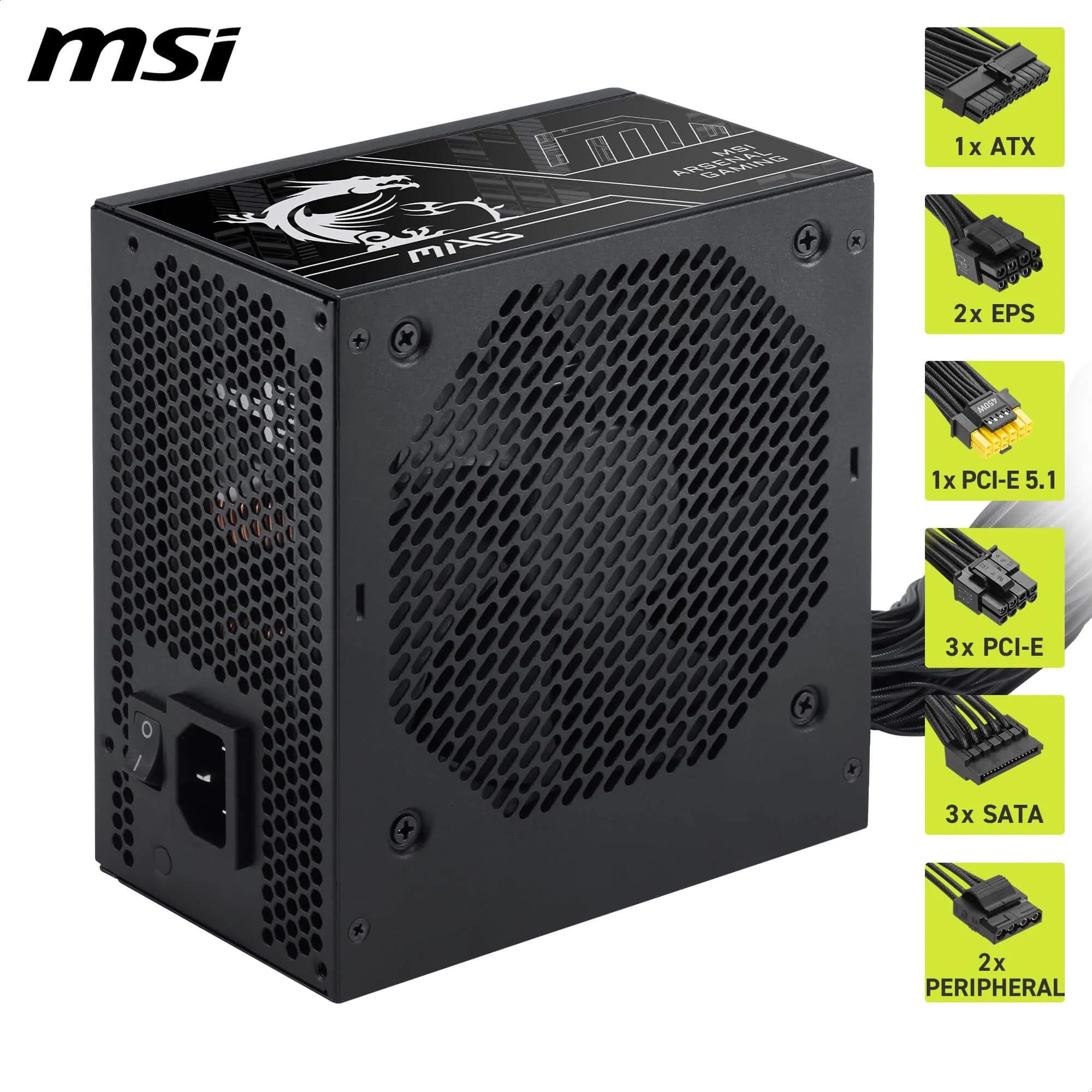 MSI Pro MAG A750BN PCIE5 III Alimentazione PC, 750 W, ATX, 80 Plus Bronzo, ATX 3.1, Compatibile GPU PCIe 5.1, Connettore nativo 12V-2x6 Bicolore, Cavi goffrati
