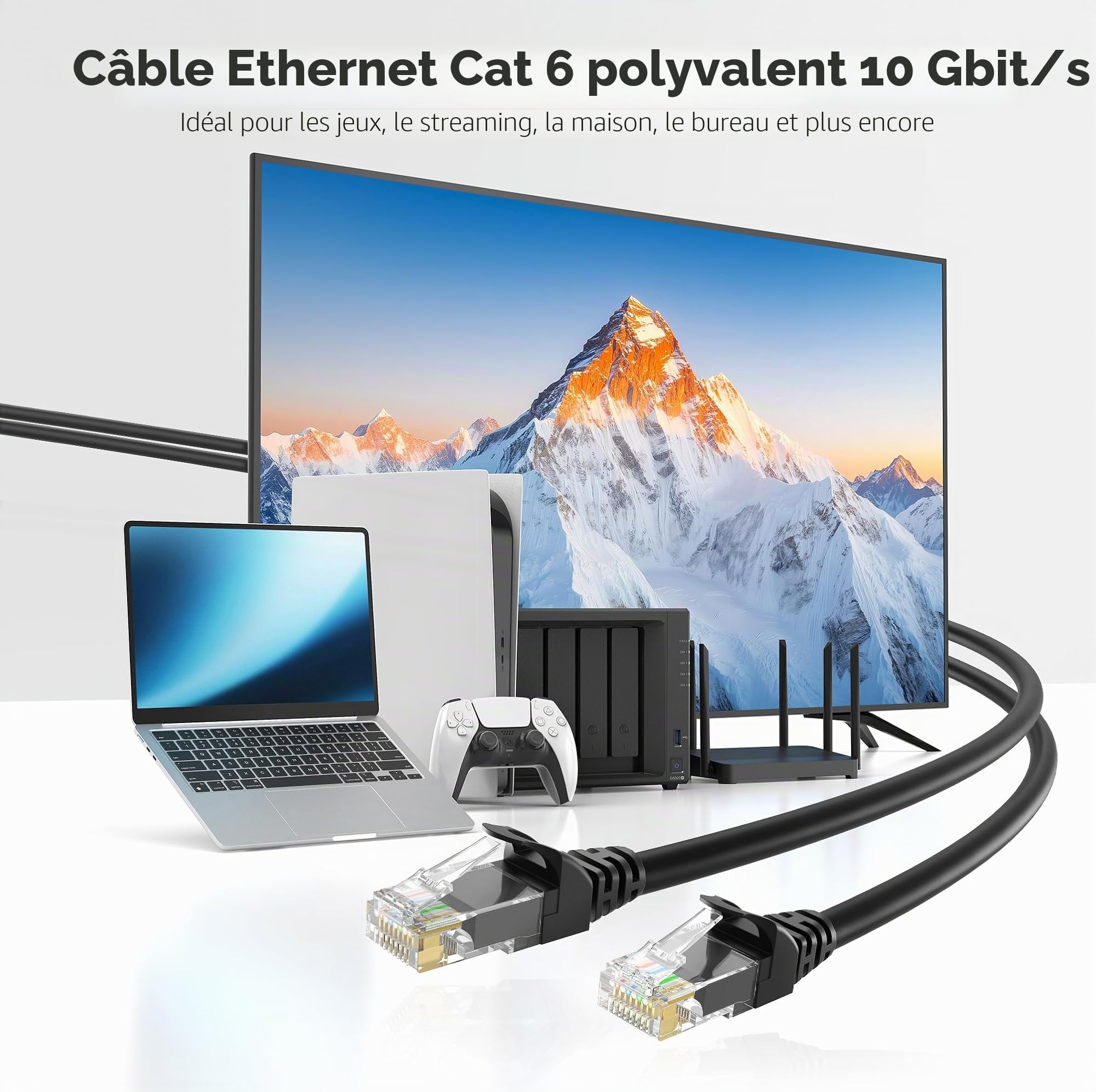 Cable Matters 160001-BLK-10x10 | Cuivre nu 24 AWG, RJ45 plaqué or, PoE++, bande passante 550 MHz, câble Cat6, cordon Ethernet