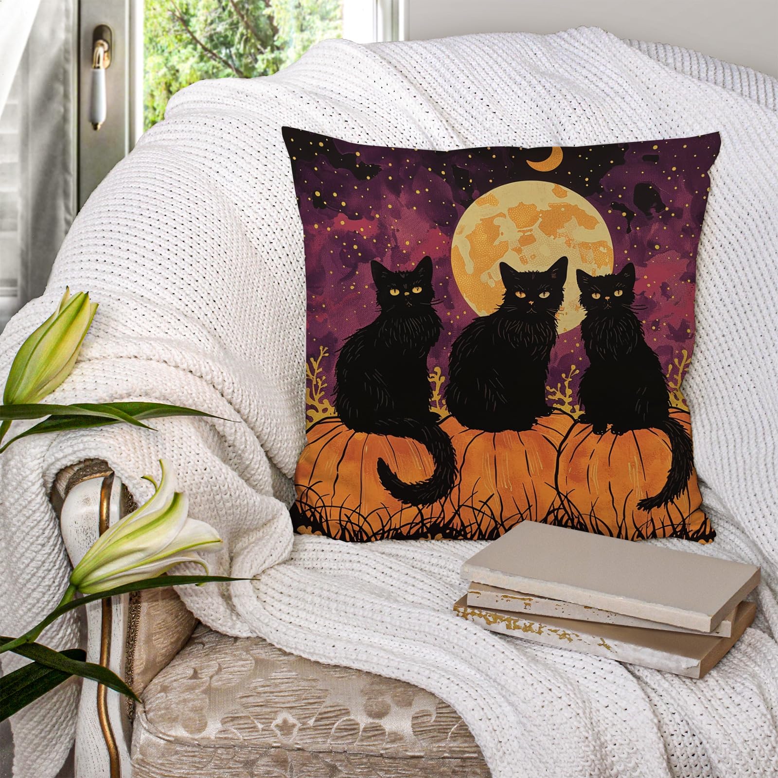 CCYKXA - Juego De 4 Fundas De Almohada Decorativas Abstractas De Gato Negro Planta Sol Y Luna De Lino Estilo Minimalista Moderno Para Sofa Decoracion Del Hogar 86242396