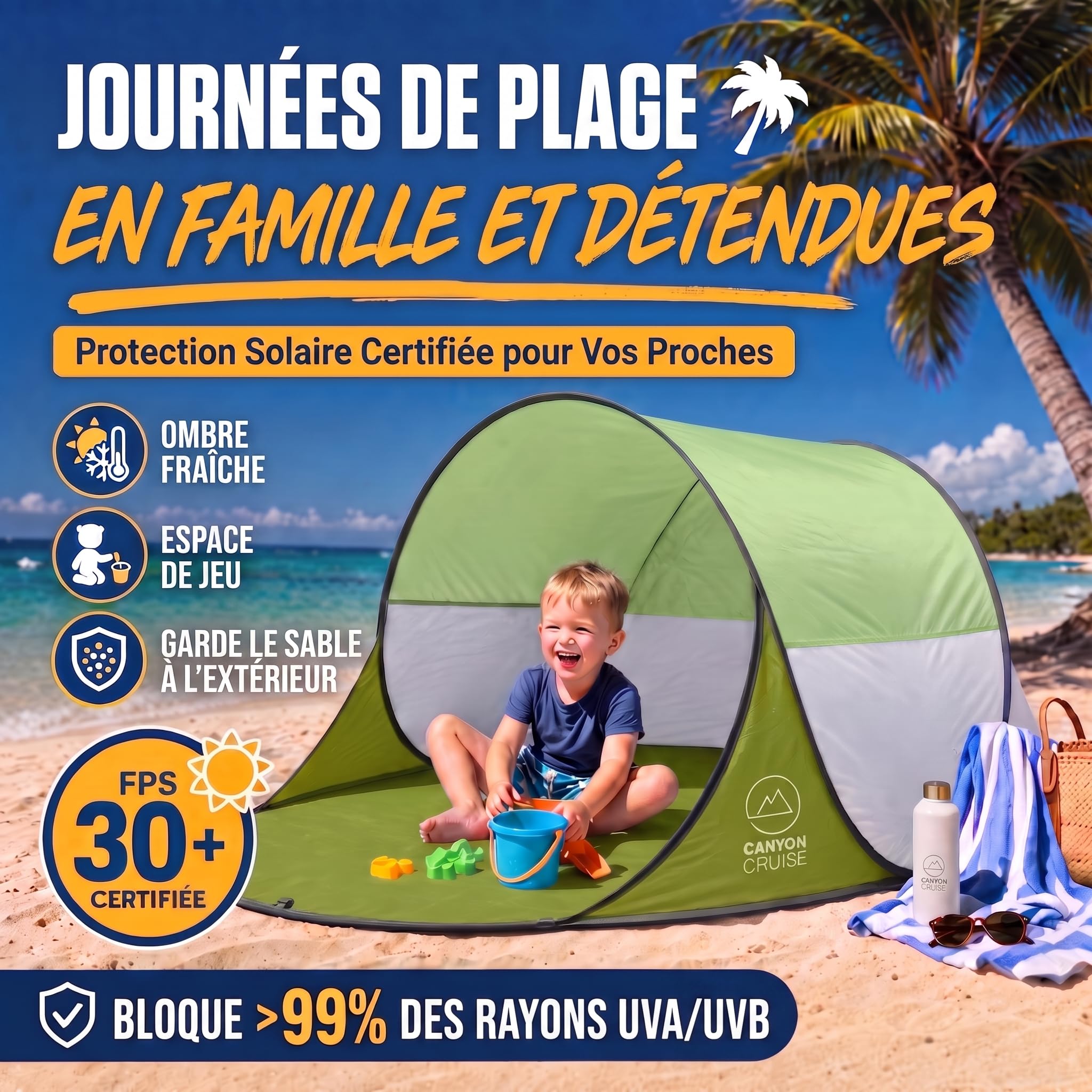 GOODS+GADGETS® Tente de Plage Pop-up 240x140 cm - Abri Automatique | Montage en quelques secondes, protection UV SPF 30+, fibre de verre légère - idéale 2-3 personnes