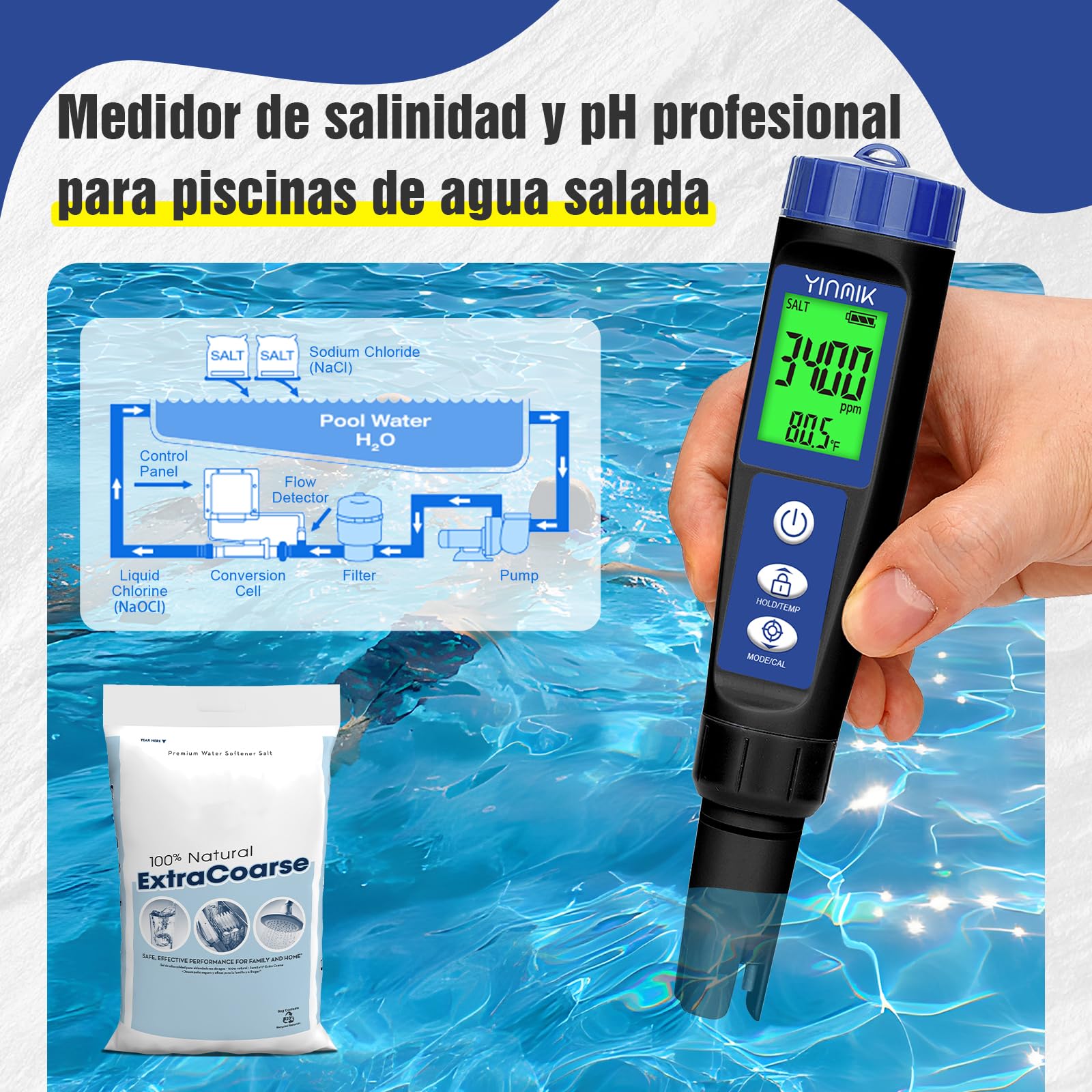 YINMIK Medidor de pH y Salinidad Piscinas, Monitor de Sal Piscina, Tester de Temperatura TDS 6 en 1 PH ORP EC TDS, Kit de Prueba de PPM y EC Hidropónico, Medidor de Conductividad del Agua Potable