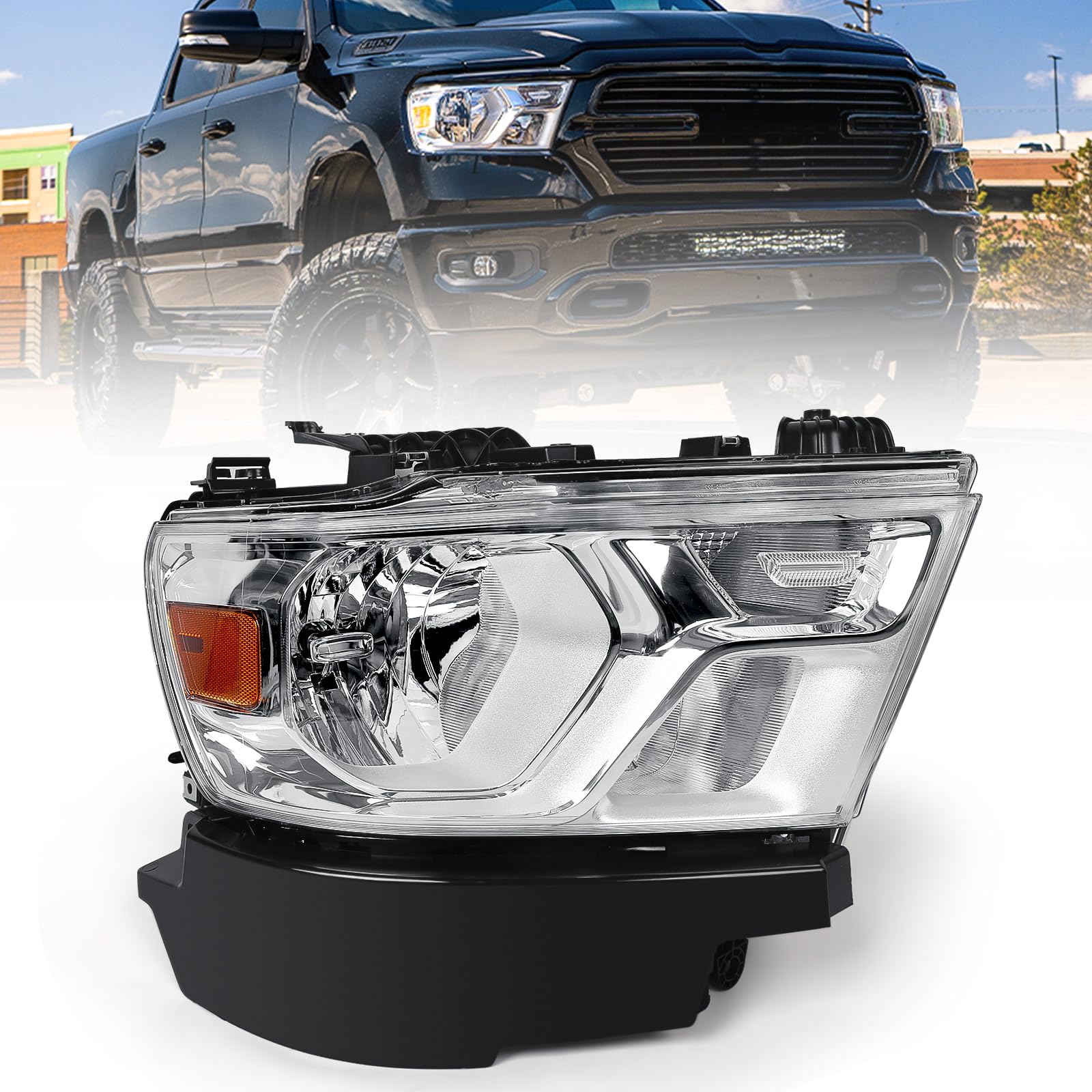 FIONE Halogen Headlights Assembly Compatible with Dodge Ram 1500 2019-2022 Replacement Headlamp with Chrome Frame Passenger Right Side RH 68316080AD 68316080AH