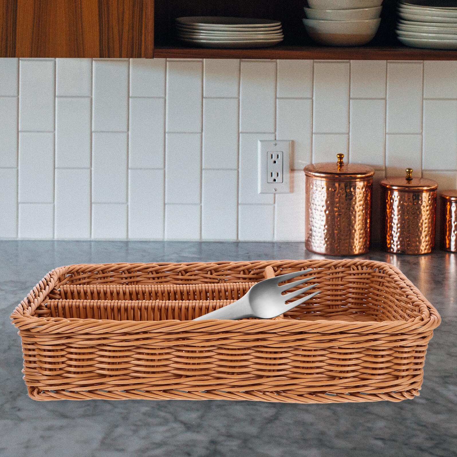 Cesta Organizadora de Cubiertos con Compartimentos Malla Tejida Imitación Ratán Bandeja Resistente y Multiusos para Cocina y Baño