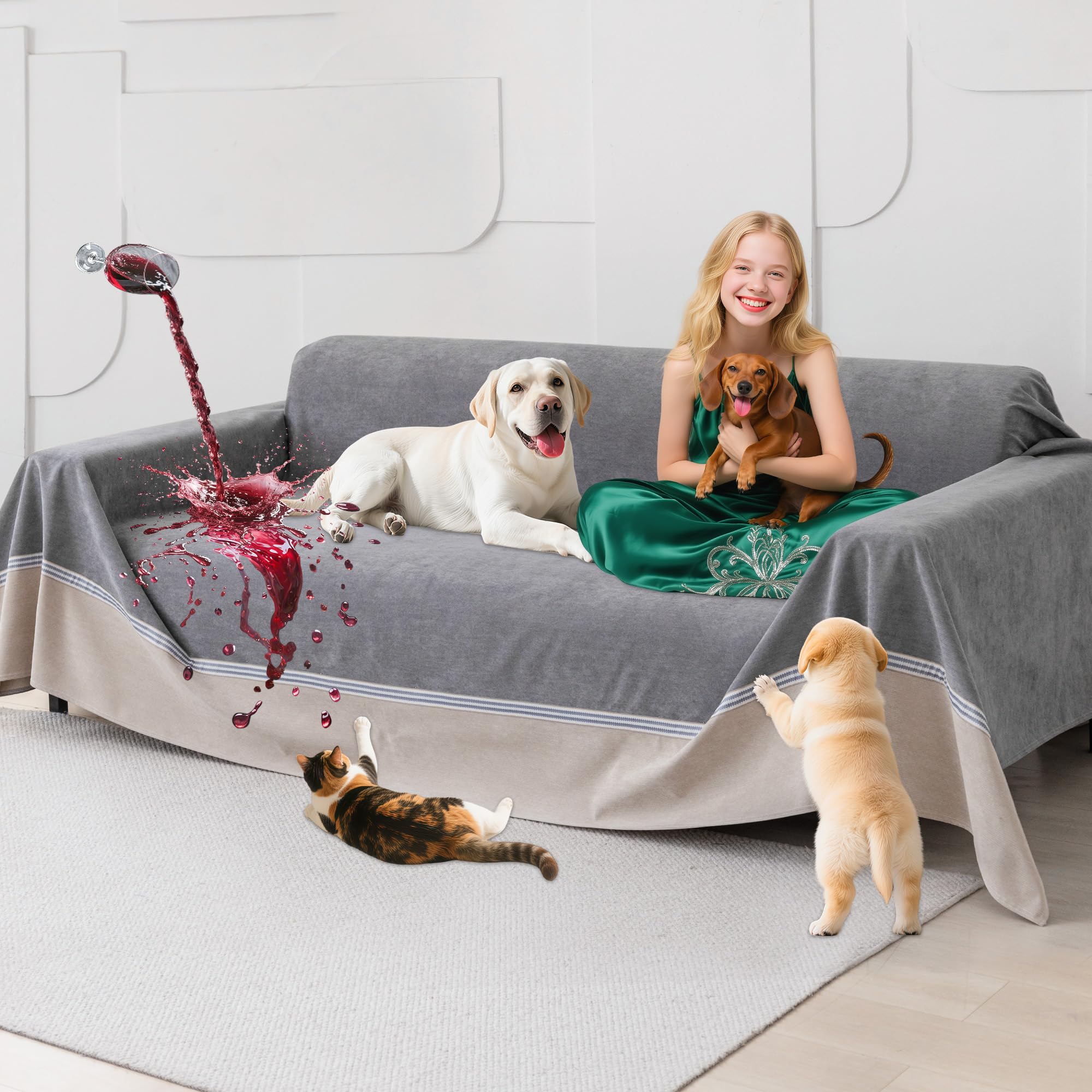 Loiion 100% Protège Canapé Imperméable, Protege Canape Chien, Housse de Canapé Anti Pipi, Housse de Canape Anti Dérapante, Anti-Griffes Protège pour Chiens Chats Animaux, Gris, 300x230cm