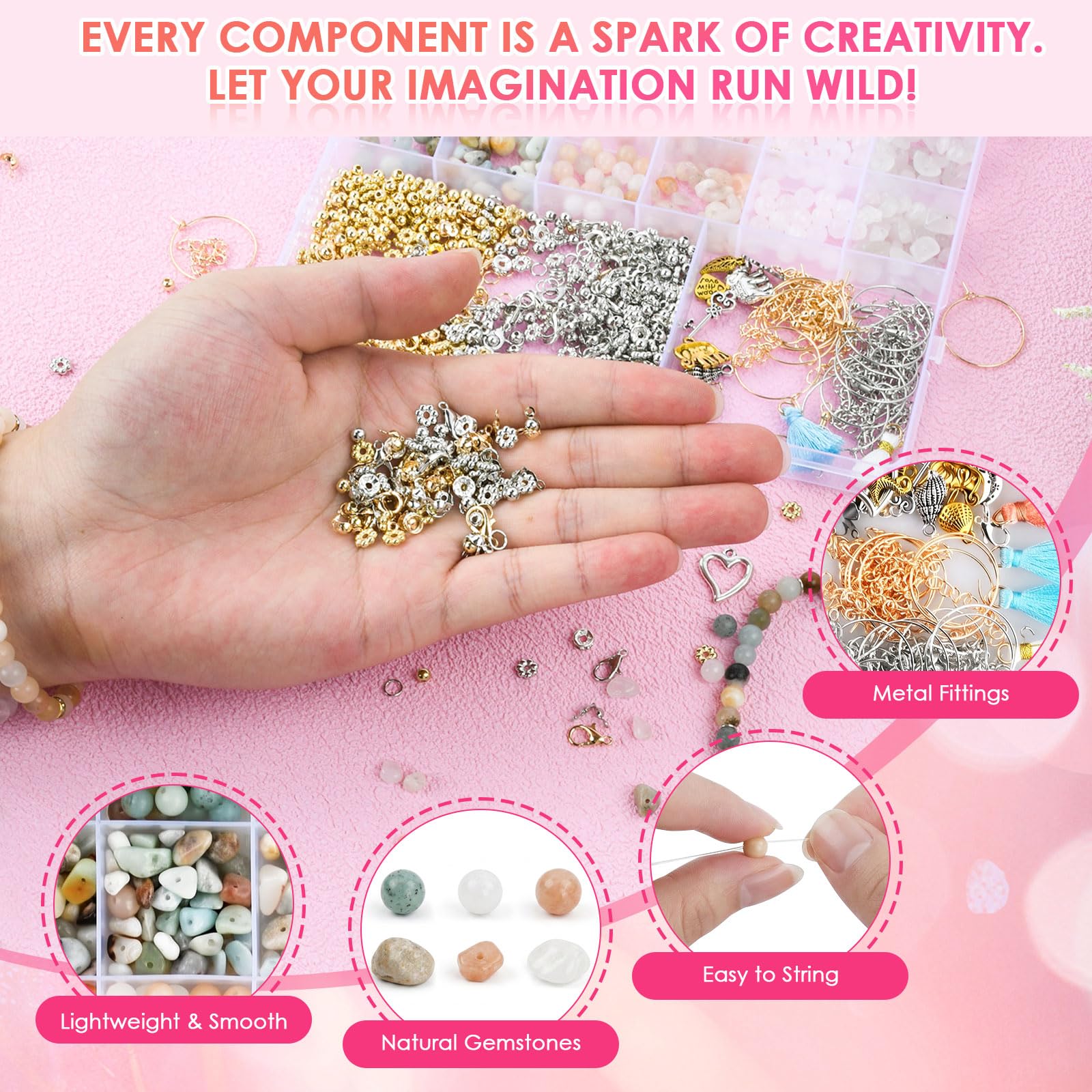 Perline per Braccialetti Naturali, 780 pcs Pietre Preziose da 6mm, Kit DIY per Creazione di Gioielli, Collane, Orecchini e Braccialetti, Set Completo con Accessori