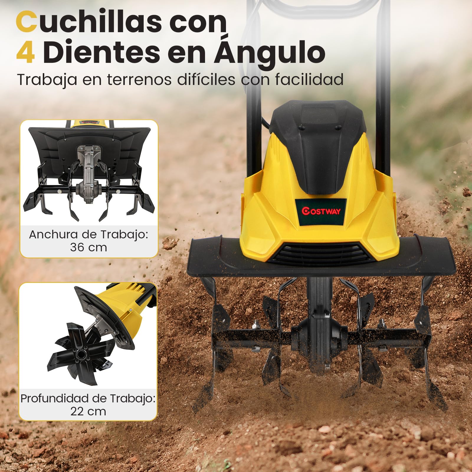 COSTWAY Motoazada Eléctrica, Rotocultivador Plegable Potente con Ancho de Labranza de 36cm y Profundidad de Trabajo de 22cm, Máquina de Jardinería para Excavar Suelo de Césped (Amarillo,1200W)