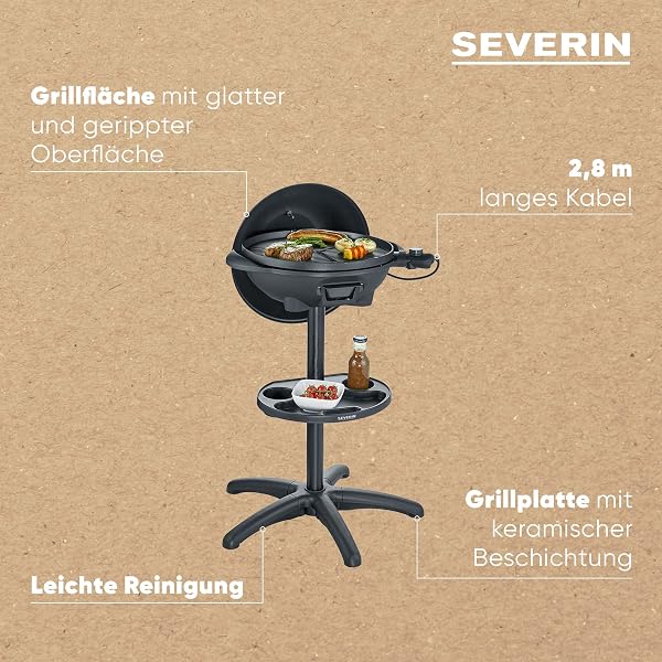 SEVERIN Barbecue-/Standgrill mit Haube, Elektrogrill mit Thermostat, Grillplatte mit keramischer Beschichtung, 2.000W, Grillfläche Ø 41 cm, Matt Schwarz, PG 8541 - 4