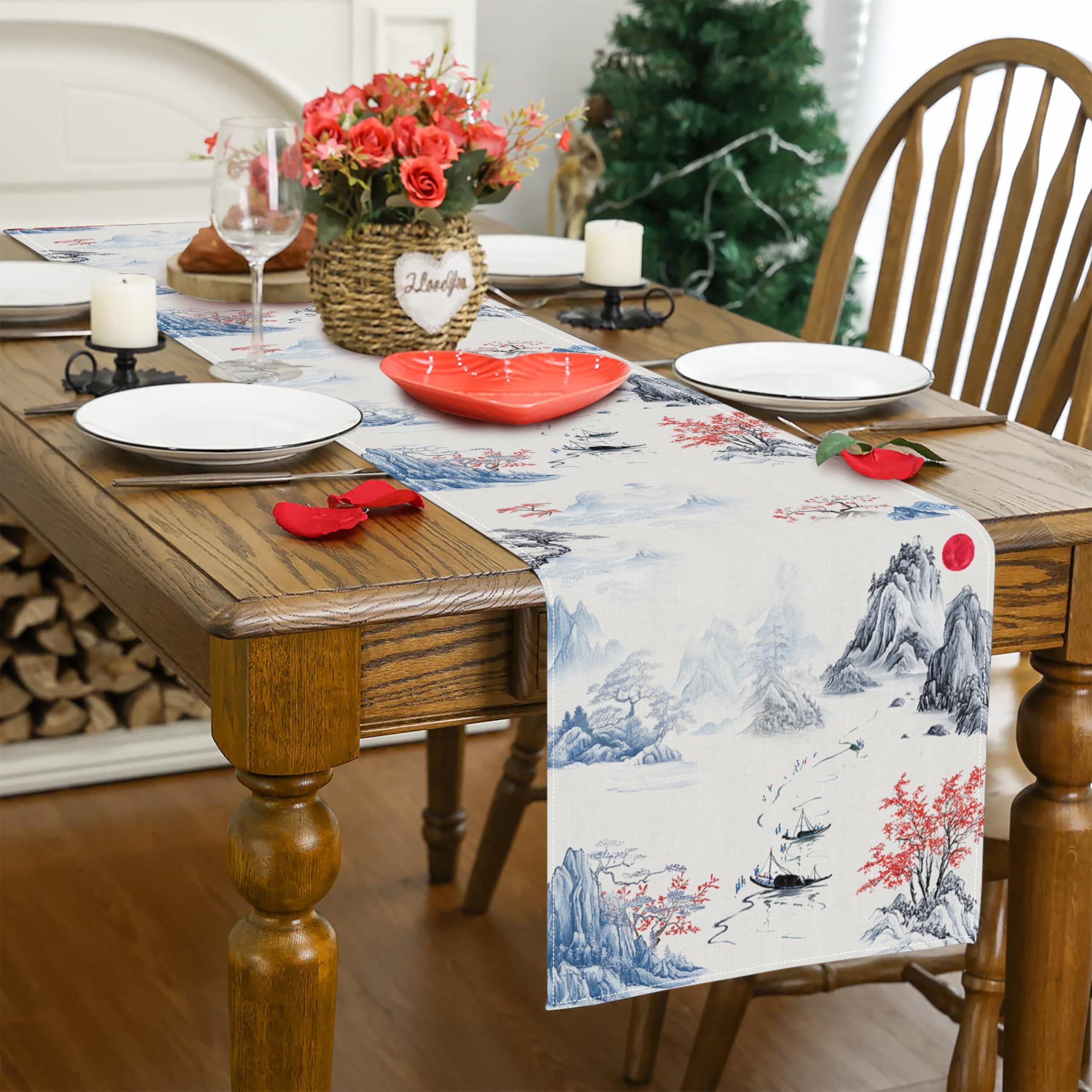 Chinese Ink Mountain Table Runner,Zen Style Oriental Art Linen Table Decor with Blue Landscape &amp; Red Trees for Buffet, Wedding Reception, Home Decor, Durable &amp; Washable 13x36 Inch