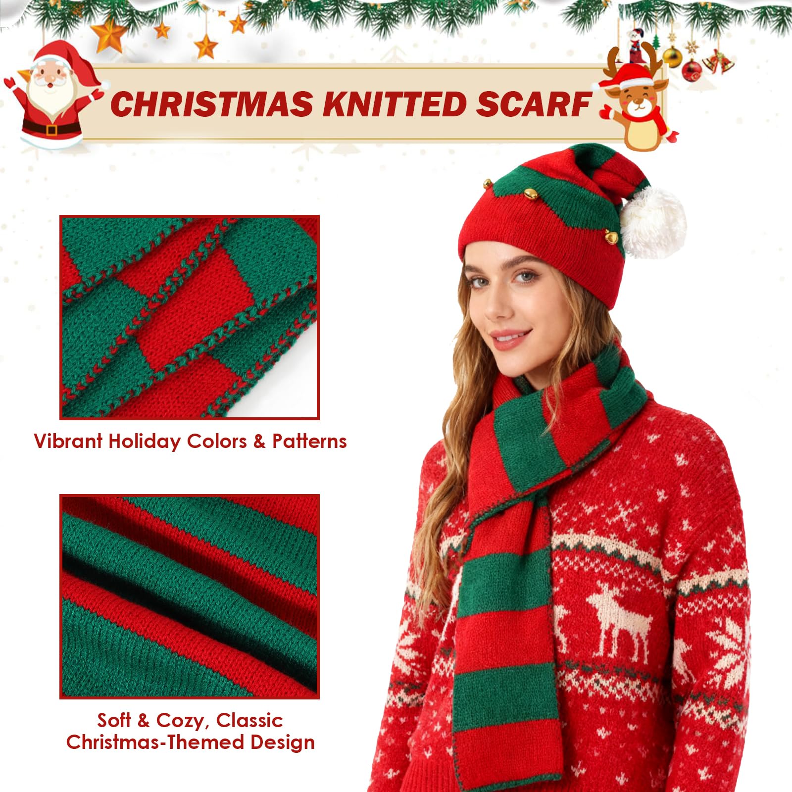 TAGVO 2 Pieces Christmas Hat Scarf Set, Winter Christmas Beaine Scarf, Xmas Knitted Hat Set, Elf Santa Hat Scarf for Party - Image 3