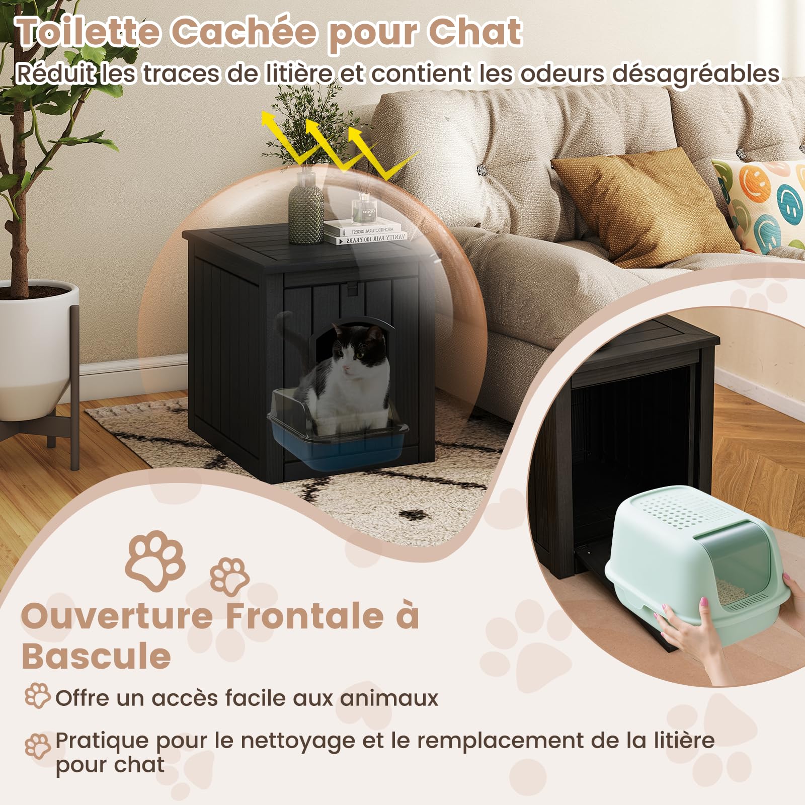 COSTWAY Maison pour Chat Interieur Exterieur en PP, Porte à Battant, 4 en 1 Meuble Litiere Chat, Verrouillage de Sécurité, Base Surélevée, Niche pour Chaton Chien Lapin, 60 x 47 x 54,5 cm (Noir)
