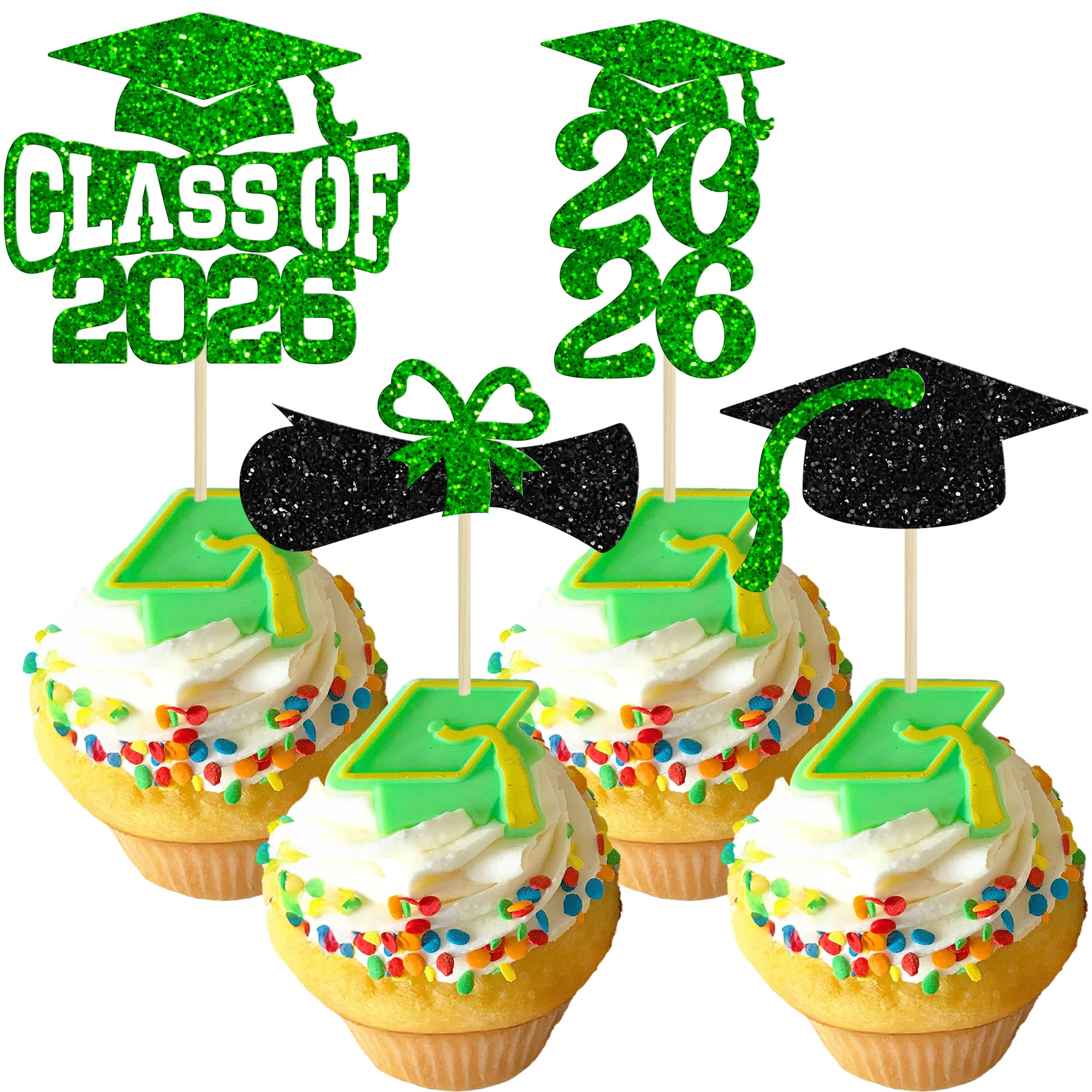 Ephlyn 36Pcs 2026 Graduation Theme Cupcake Toppers Glitter Class of 2026 Cupcake Picks Diploma Grad Cap Cake Decorations for 2026 Graduation Theme Party Supplies Green