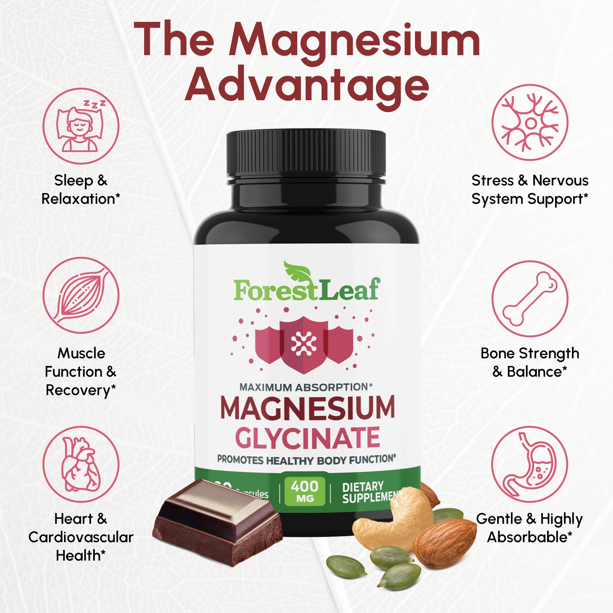 Pure Magnesium Glycinate 400mg Serving - High Absorption Magnesium Glycinate - Mag Bisglycinate for Stress, Bones, Muscles, Nerves, Relaxation & Heart Healt - 90 Capsules