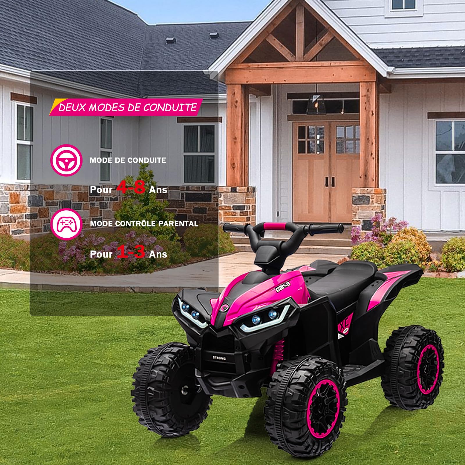 Garvee 12V Kinderquad Elektroauto für Kinder mit LED und Musik, 2 Geschwindigkeiten 3-6 Km/h, Hupe, Kinderfahrzeug Mit Fernbedienung für Kinder 3+ Jahre (Rosa)