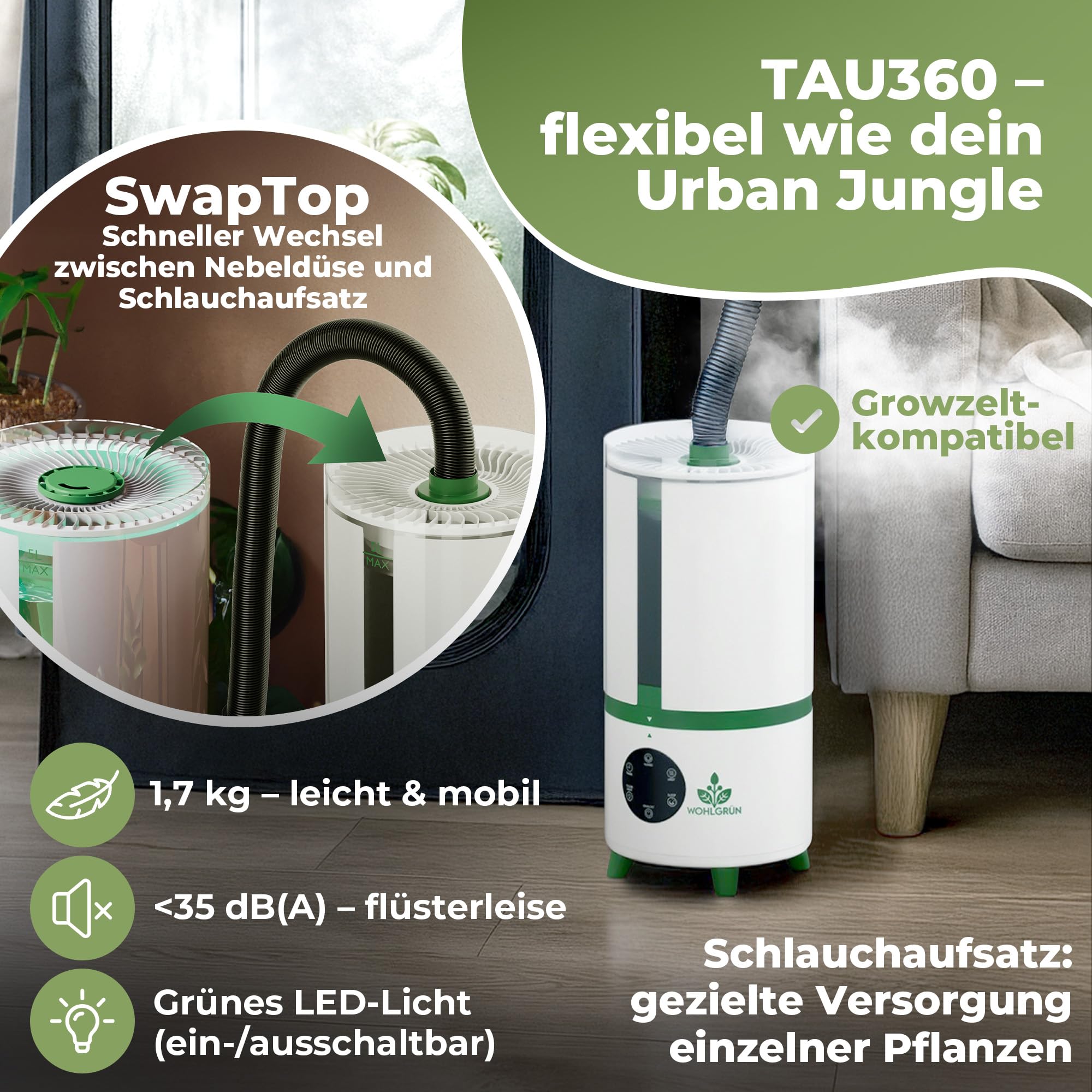WOHLGRÜN TAU360 Ultraschall Luftbefeuchter 5L mit Hygrostat 360 Grad für Pflanzen Schlafzimmer Growzelt