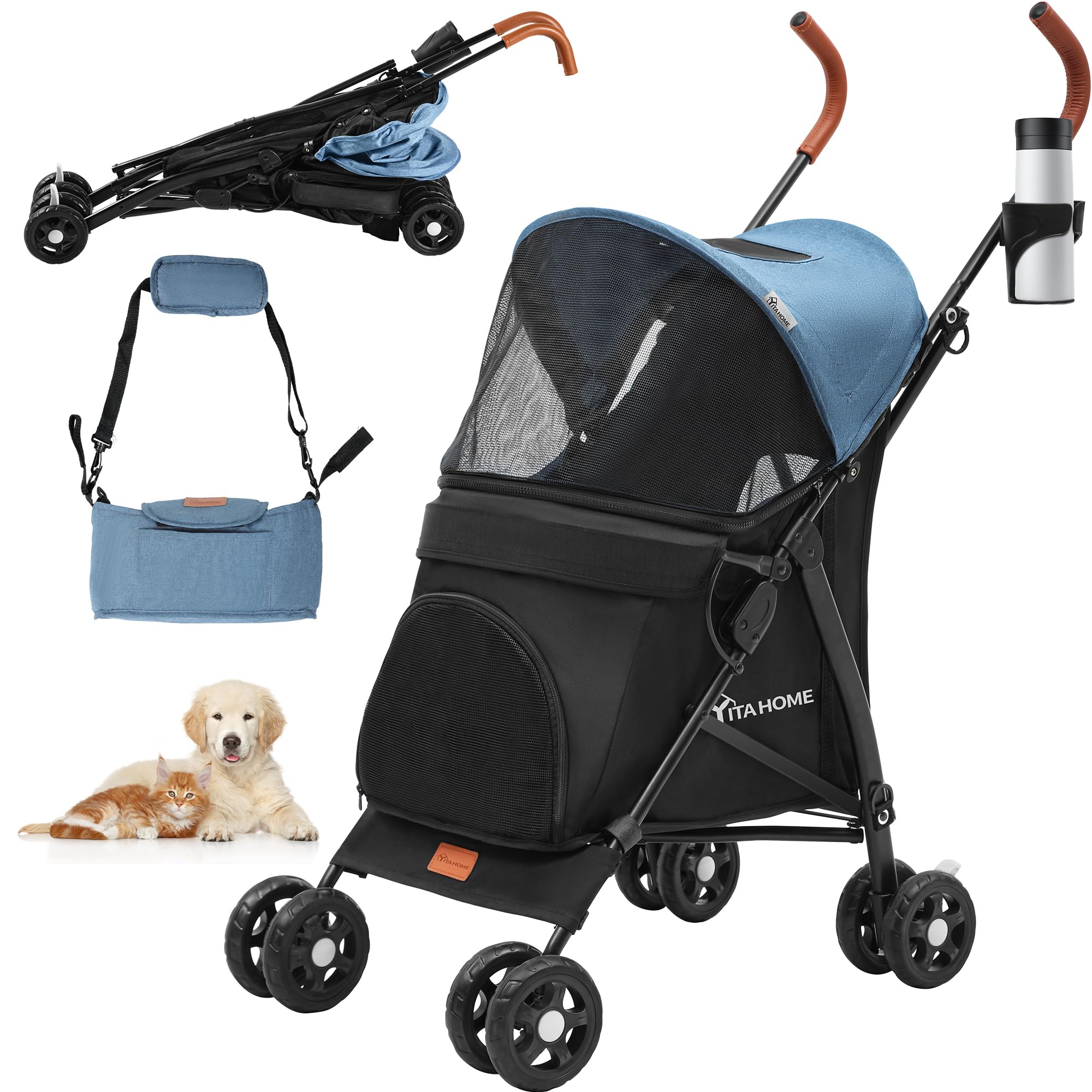 YITAHOME Cochecito para Mascotas Plegable, Carrito para Perros Desmontable con Ventanas de Malla para Perros Gatos Pequeñitos, Carga 11.3 kg, con Cinturón de Seguridad, Cojínes y Bolsa (Azul Negro)