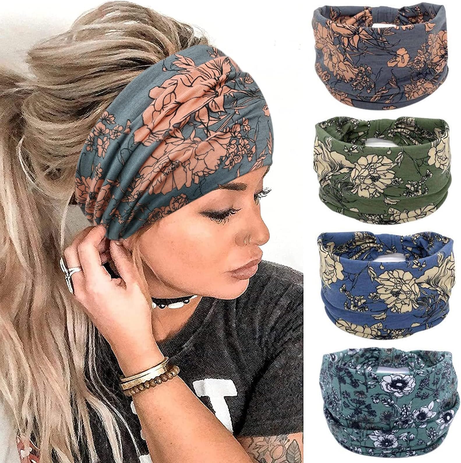 YONUF Wide Boho Headbands for Women Fashion Knotted Headband Yoga Workout Hair Accessories African Head Wrap 4 Pack