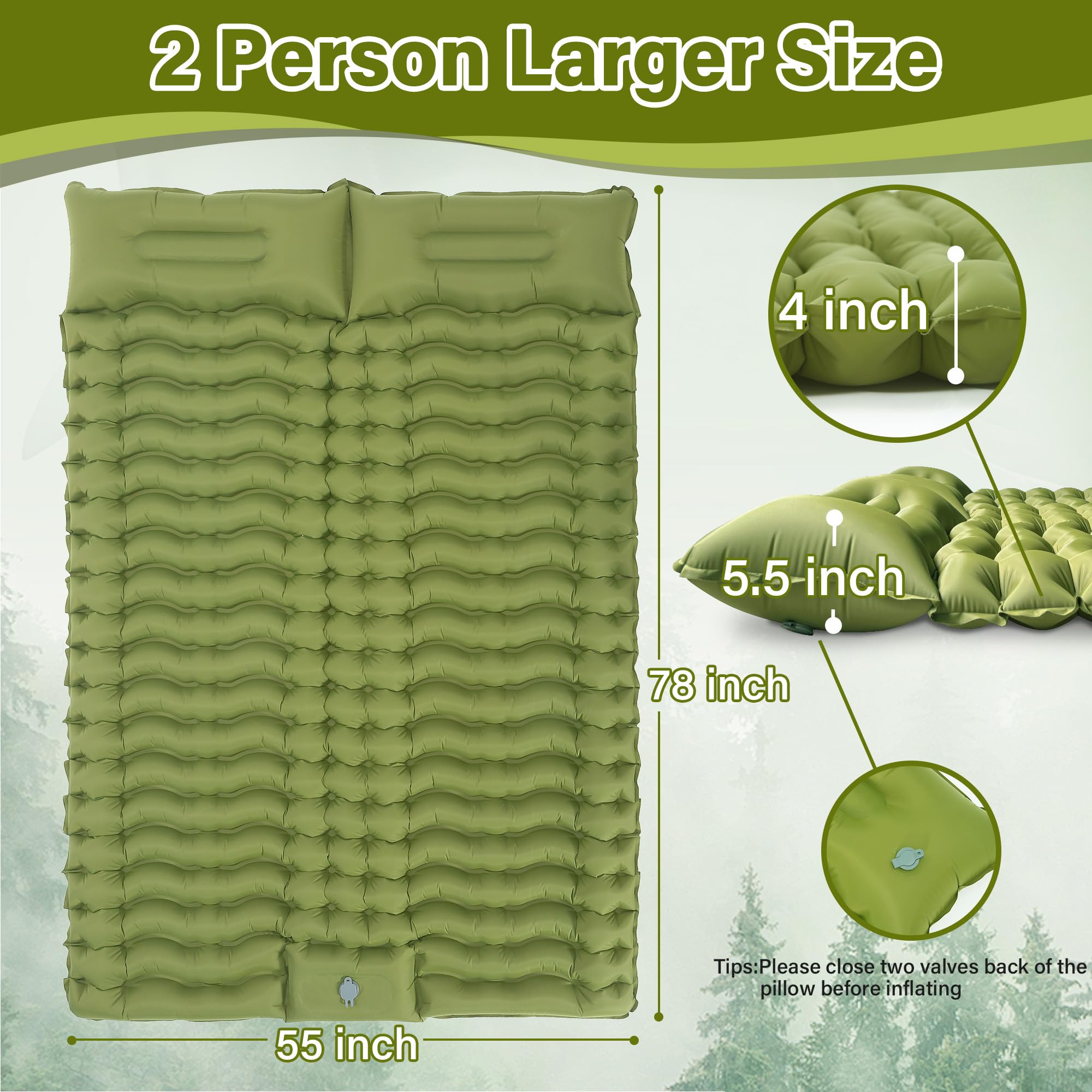 Sleeping Pad for Camping 2 Person, Backpacking Self Inflating Sleeping Pad Double 2 People Ultra Lightweight, Air Inflatable Foldable Camp Hiking Sleep Mat for Outdoor Tent 4 inch Thick, 78 x 55 inch