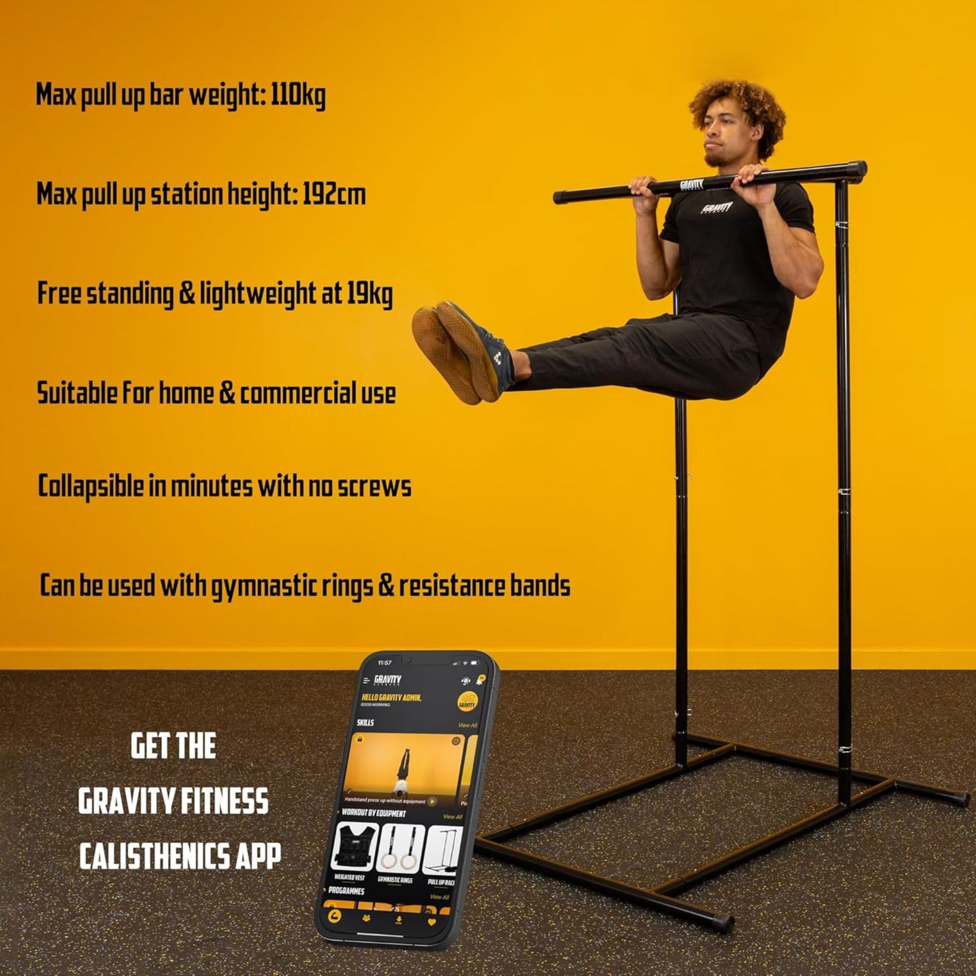 Gravity Fitness Barre de Traction Portable - Station de Dips Ajustable - Barre Freestanding pour Entraînement Calisthénie, Musculation Maison, Poids du Corps, Gymnastique & Fitness