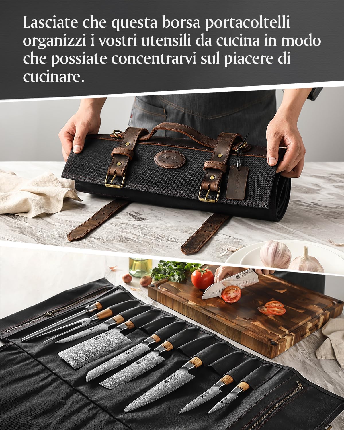 XINZUO Borsa a Rotolo per Coltelli Nera,Bcustodia per Coltelli da Chef,12 Scomparti per Contenere Gli Strumenti da Cucina,Tela Cerata da 16oz e Pelle,Borsa Porta di Utensili di Cucina (Solo Borsa)