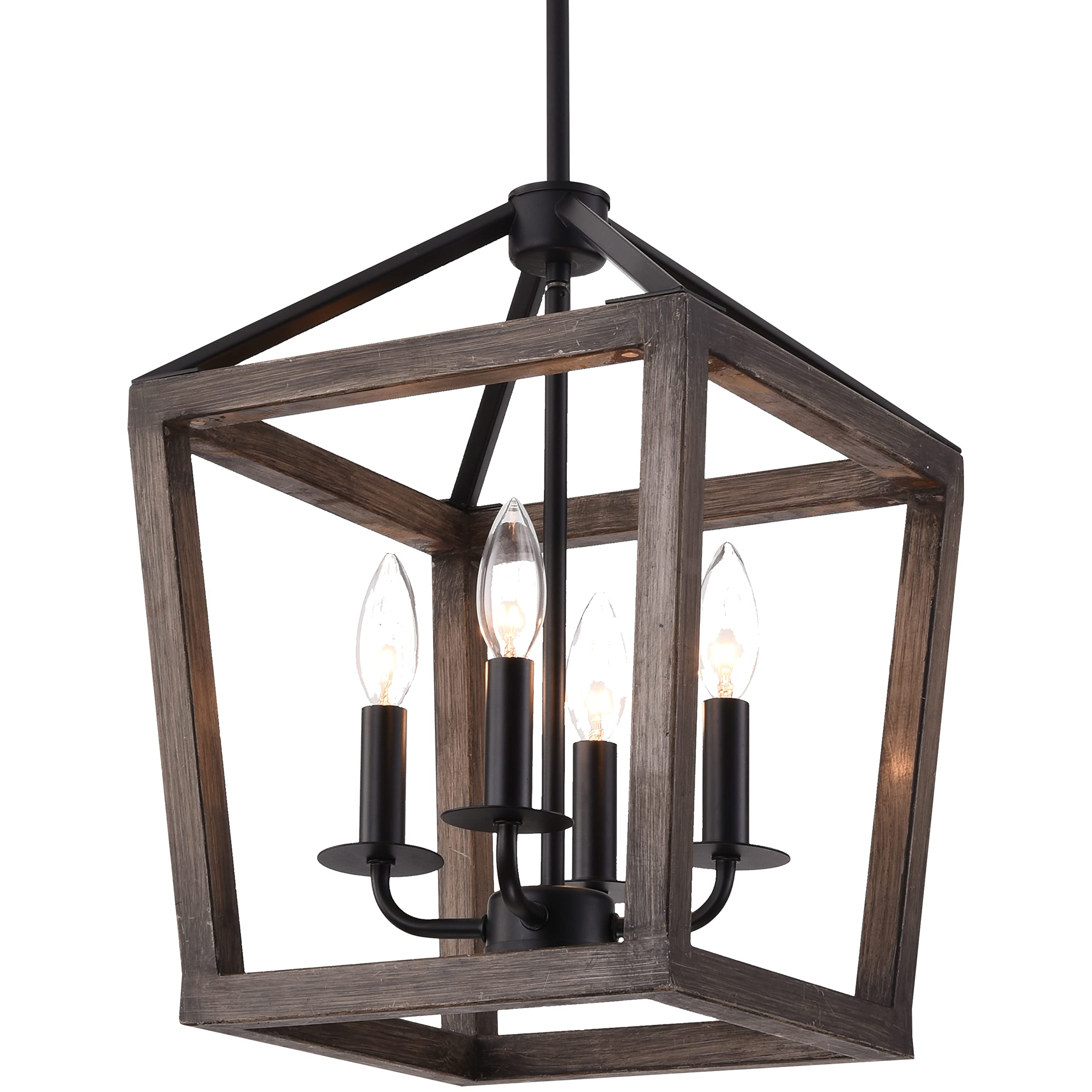 4-Light Chandelier Rustic Metal Pendant Light,Adjustable Height Lantern Hanging Light with Wood Finish,Farmhouse Lighting Fixtures for Living Room, Kitchen, Hallway and Entryway.