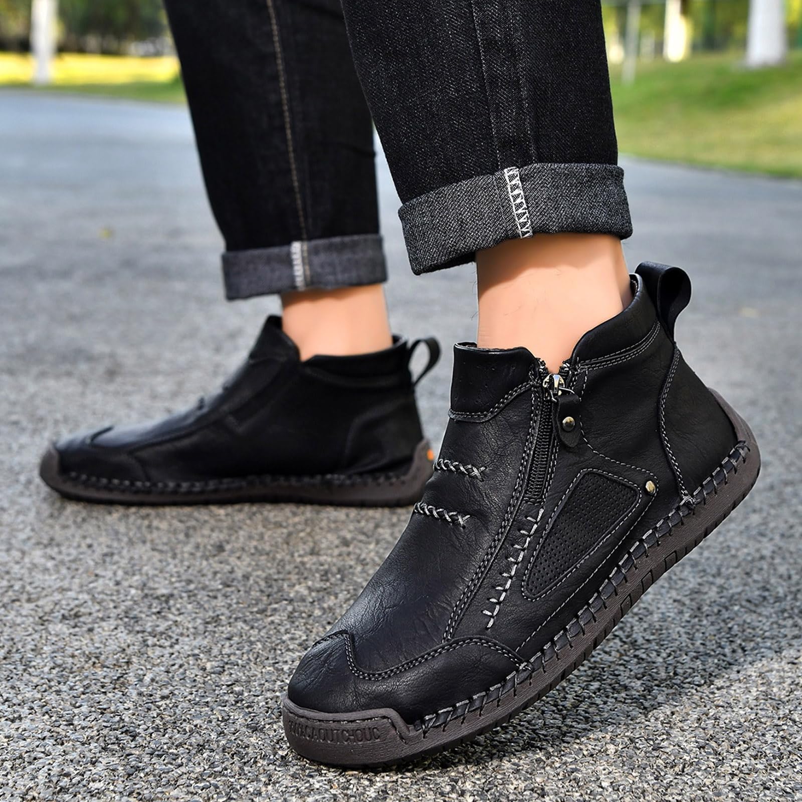 YHTRFDMSG Men's High Top Loafers Shoes,Handcrafted Leather Waterproof Non-Slip Orthopaedic Ankle Boots Side Zipper Hiking Orthopedic Fleece Slip-On Footwear for Outdoor Walking — view 2