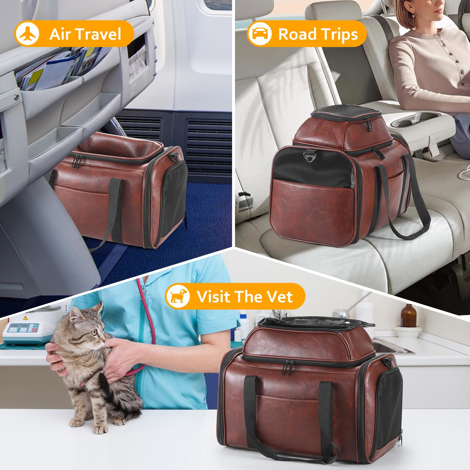 Premium Leather Top Expandable Pet Carrier for Small Dogs & Cats Under 15 lbs, Airline Approved Collapsible Soft-Sided Luxury Travel Bag Coffee - image 6
