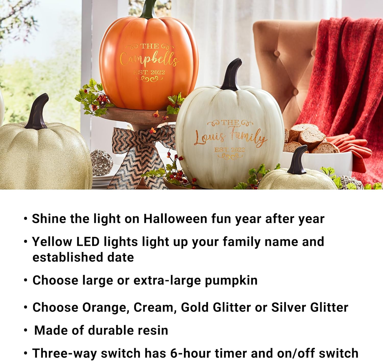Let's Make Memories Personalized Light Up Pumpkin - Jack-O-Lantern Halloween and Fall Decor - Indoors/Outdoors - Family Name & Est. Year - Large - Cream