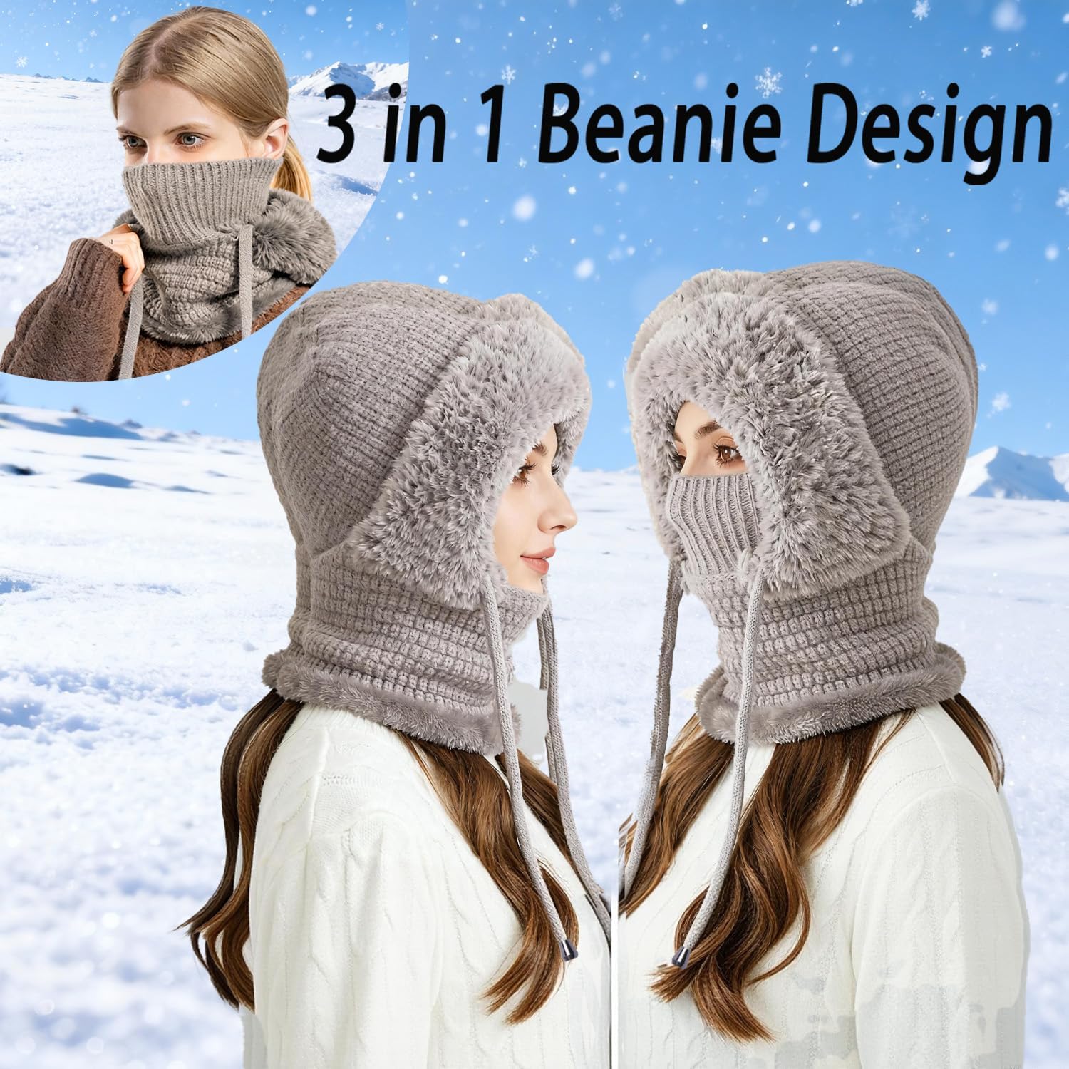 3 in 1 Beanie Hat with Scarf and Mask, Women’s Plush-Lined Winter Balaclava, Wind-Resistant Knitted Hooded Scarf & Ski Mask Set for Cold Weather (Grey) - Image 2