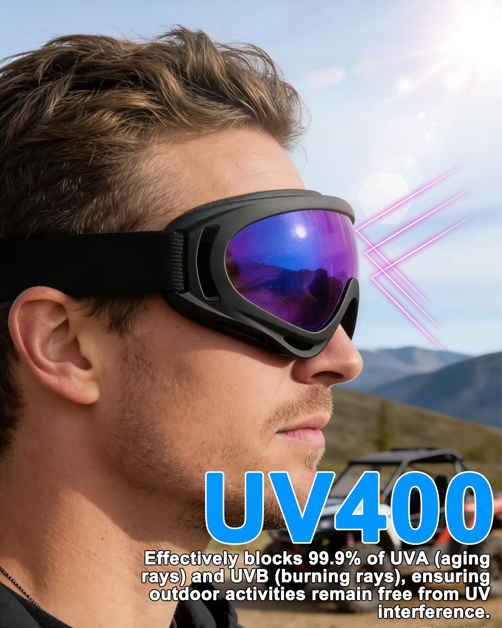 3 pares de gafas de esquí con protección UV para motocicleta, con 3 polainas para el cuello, para montar a caballo contra el polvo y al viento