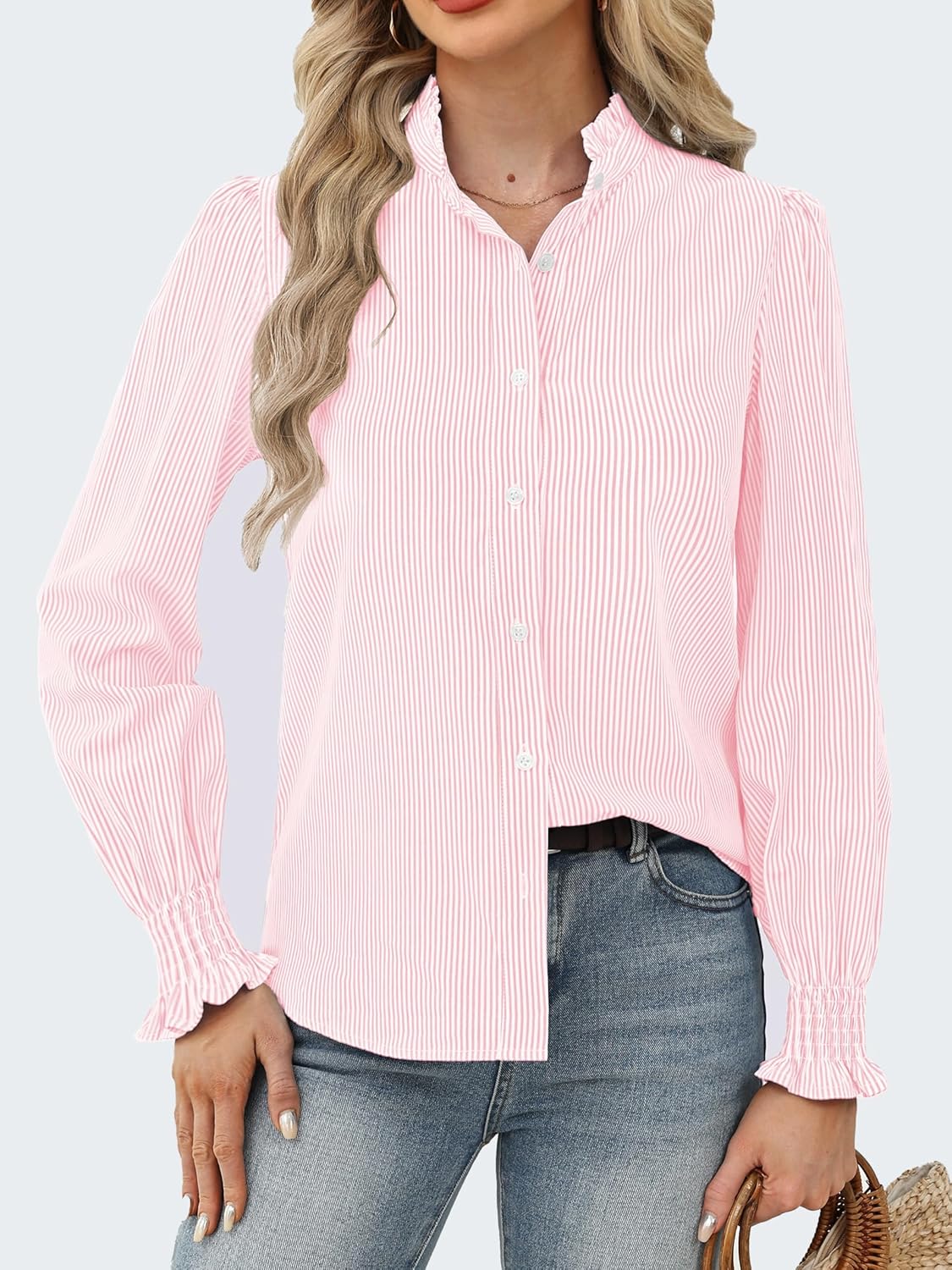 Funlingo Women's Striped Button Down Shirts Long Sleeve Smocked Cuffed Ruffle Collar Blouses Spring Work Business Casual Tops - Image 2