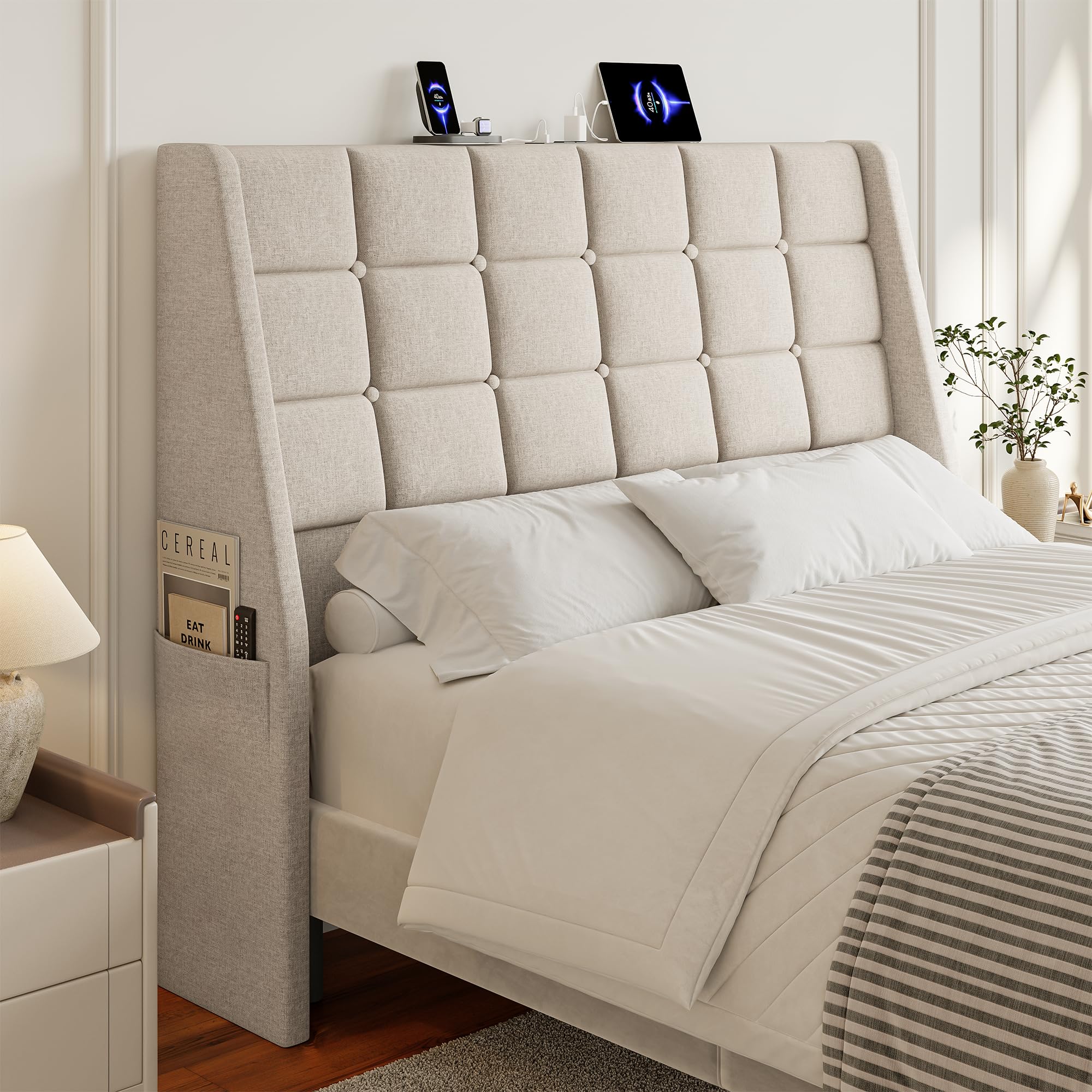 Full Size Headboard with Charging Station, Wingback Ergonomic Headboards