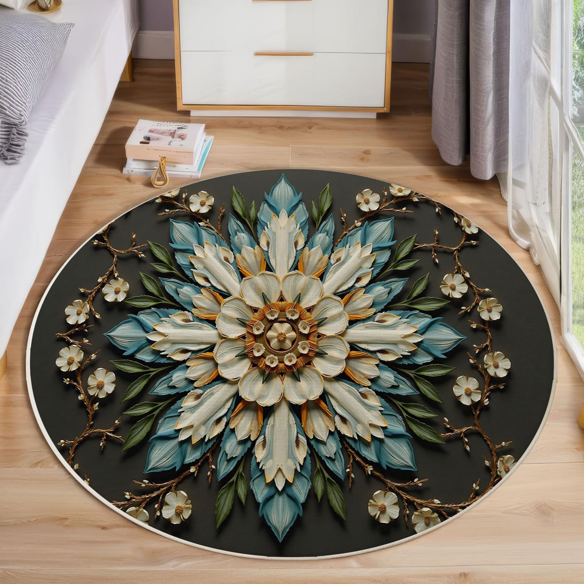 Rond Tapis pour Enfants Chambre, Bohème Mandala Décoration Florale, Lavable Antidérapant, Salon Doux Pelucheux intérieur Sol Décoration Maison Tapis (Bleu Blanc, 200cm)
