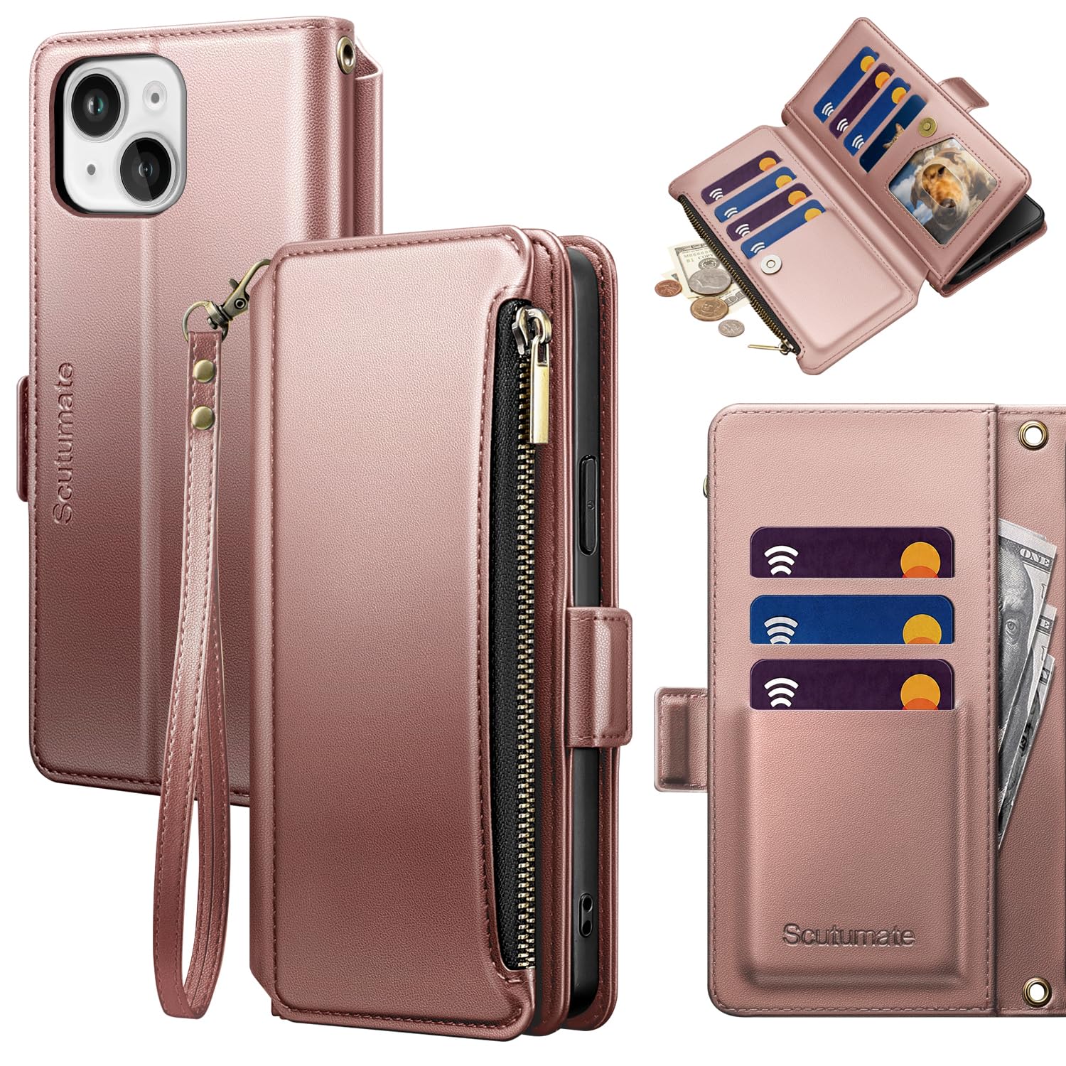 for iPhone 14 Wallet Case with Card Holder,Rose Gold