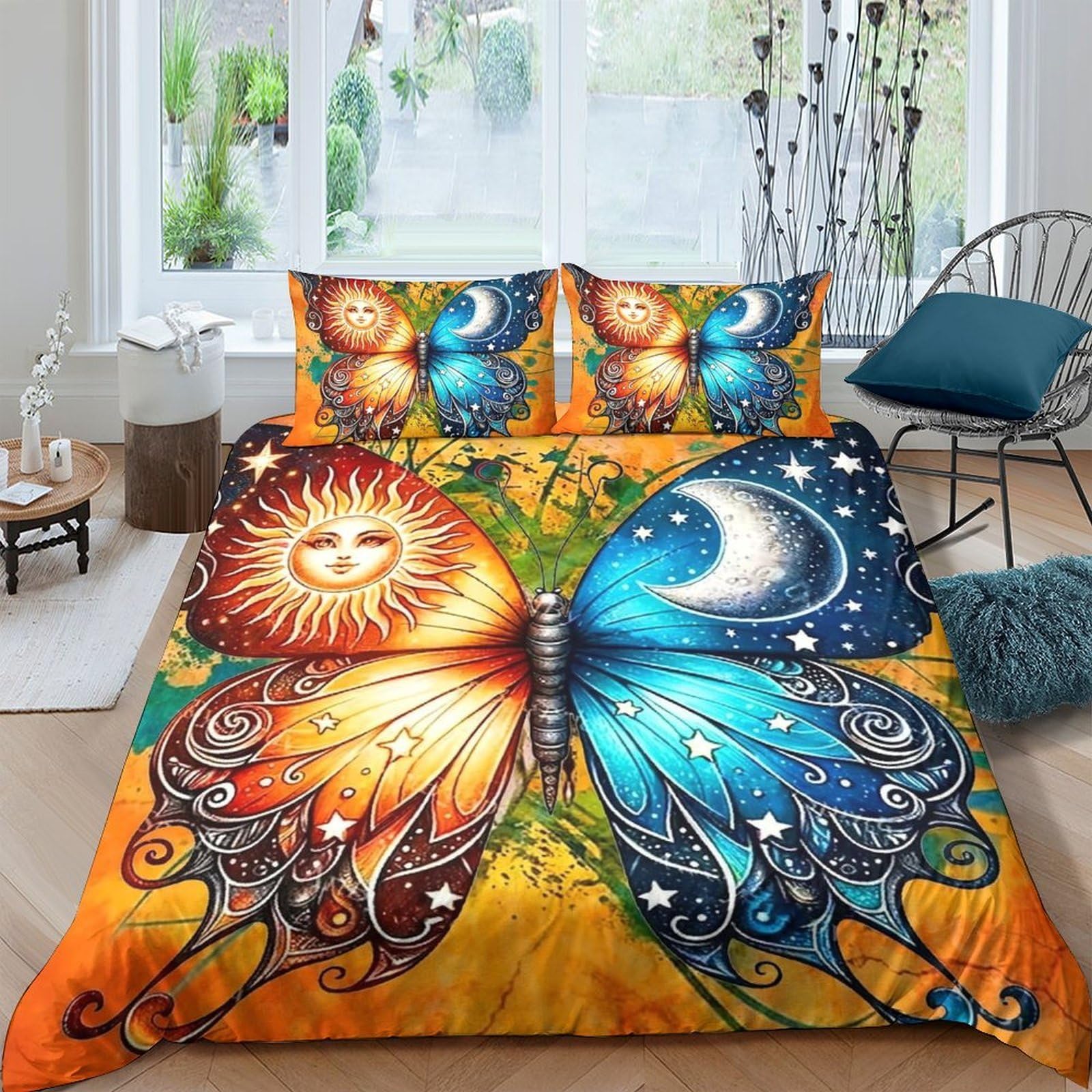 Tyuiopasdfg Colorful-6 Art Lover Butterfly Duvet Cover Set Microfiber 3 Piece Bedding Set Sun Moon Colorful Soft Breathable Double（200X200cm）