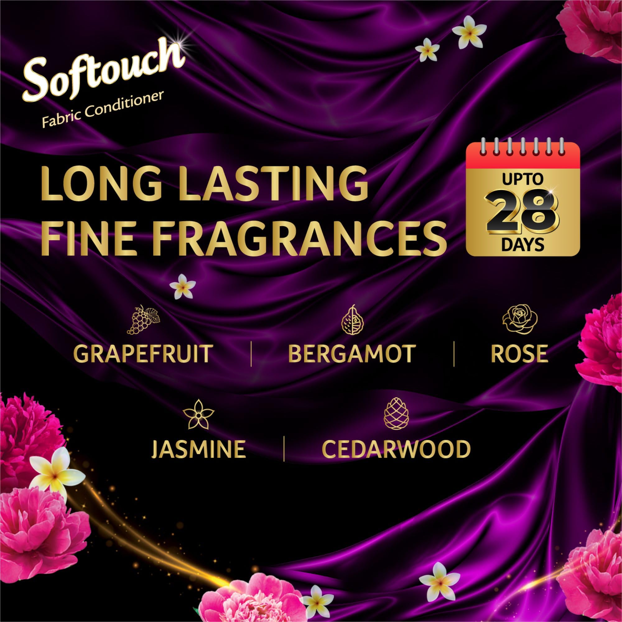 Softouch 2X Royal Perfume 800+200ml Fabric Conditioner with Bergamot, Grapefruit & Jasmine| After Wash Liquid Fabric Softener with & Long-Lasting Fragrance| Suitable for All Clothes 2