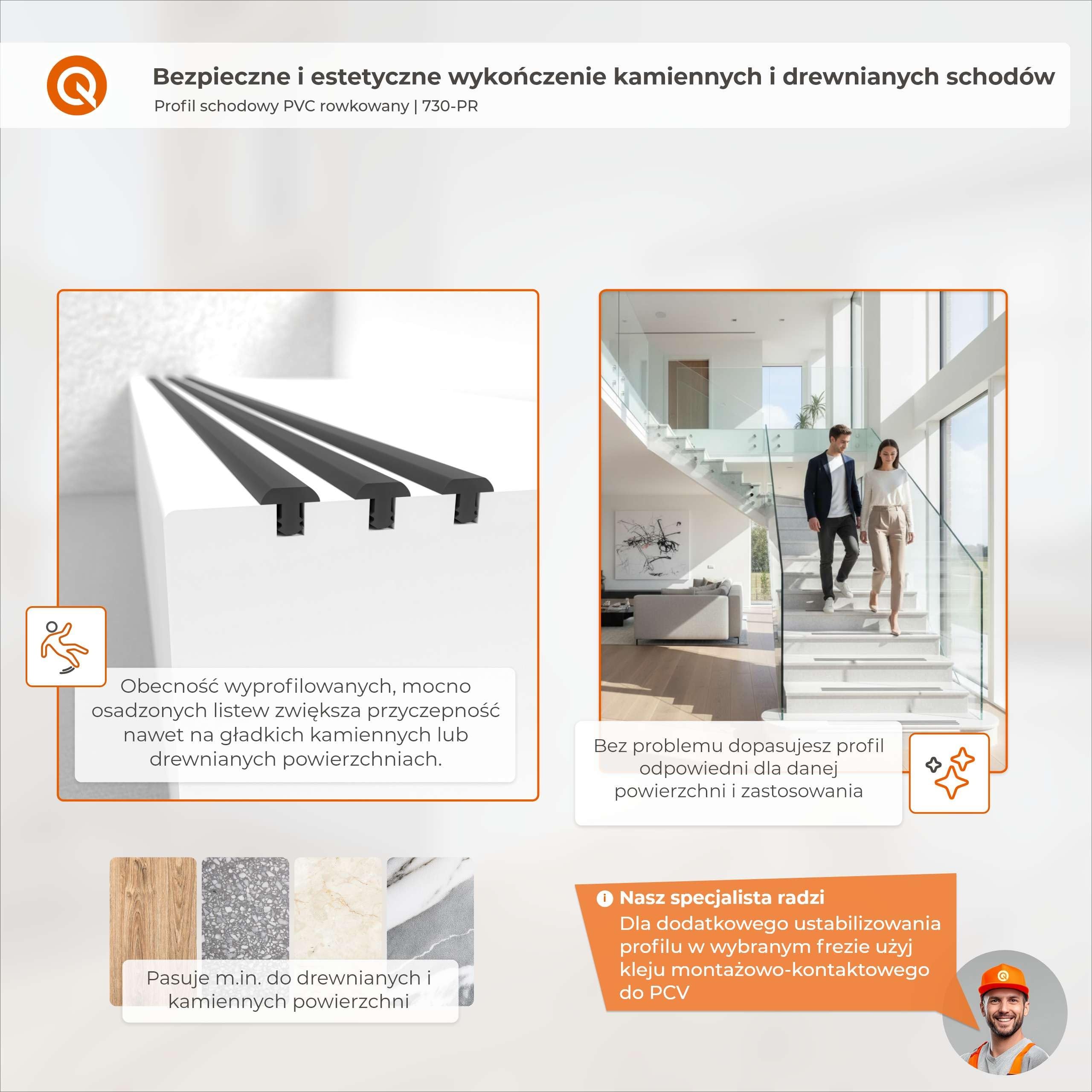 Quest profil schodowy PVC rowkowany antypoślizgowy – czarno-srebrny, 25 mb