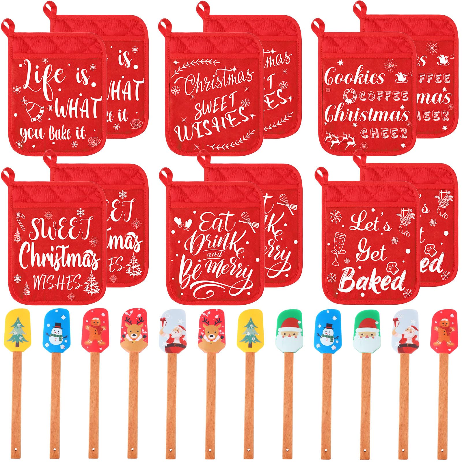 Yaomiao Weihnachtliche Topflappen mit Silikon-Spatel-Set, Silikon-Spatel-Set mit Holzgriffen, Topflappen für Küche, Weihnachten, Küchenutensilien, Weihnachtsbackgeschenke für Weihnachten (rot, 24