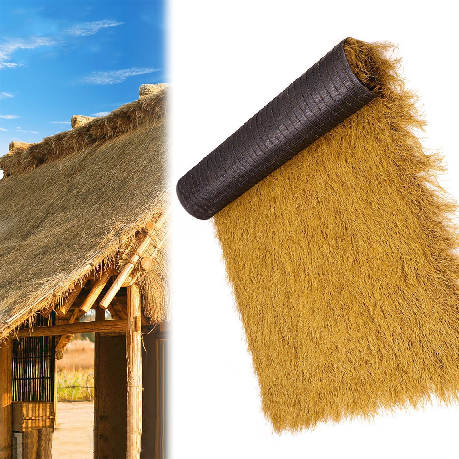ZzERTE Rolled Artificial Thatch Roofing,Waterproof Synthetic Straw Roof Cover,Mexican Style Sunshade Thatch Mat For Tiki Bar,Hut,Garden Fence,Duck Blinds & Hay Bale Decor(1x5m(39.4x197in))