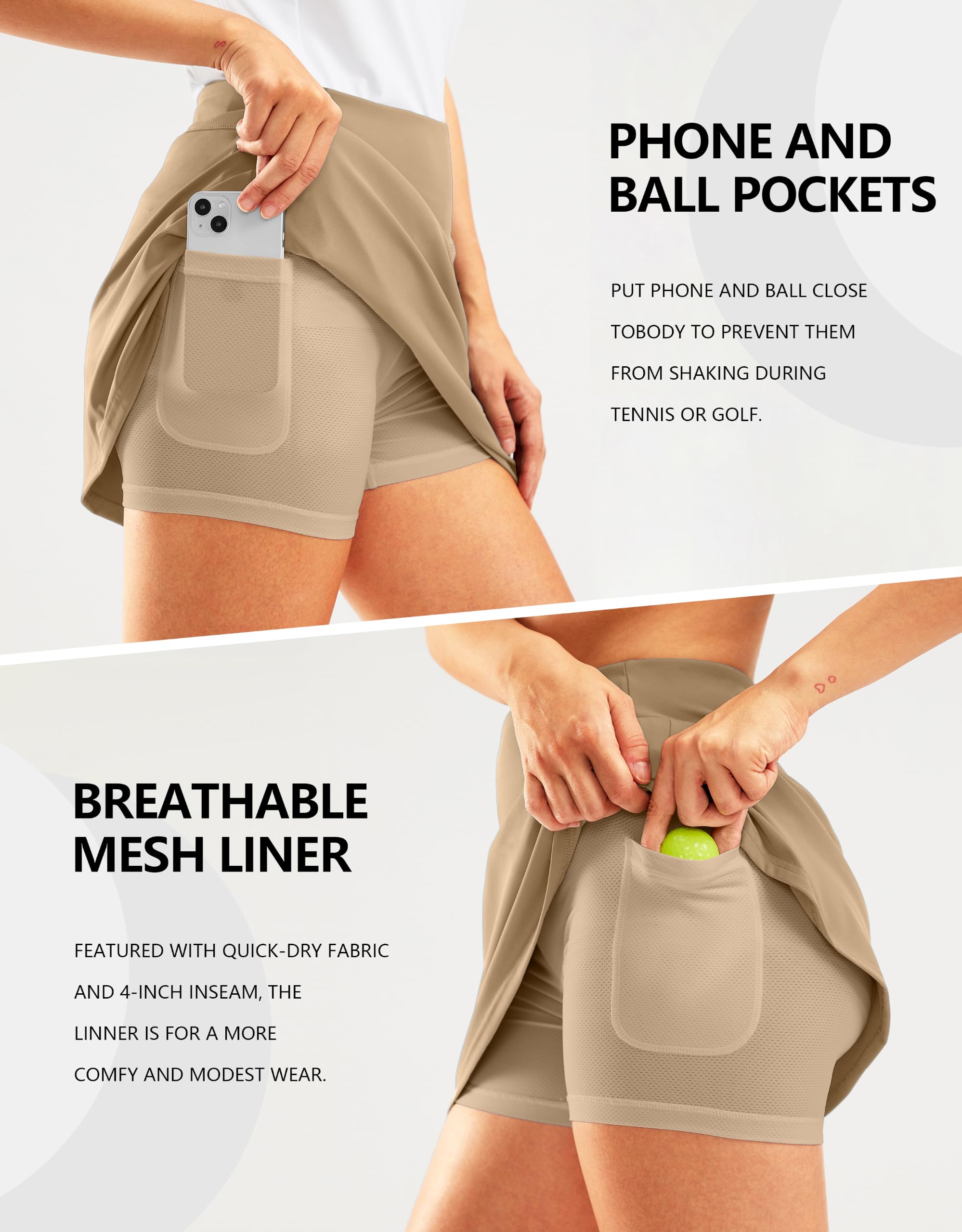 SANTINY Golf-Skorts, Röcke für Damen, Reißverschlusstaschen, hohe Taille, Tennisrock, athletischer Skort