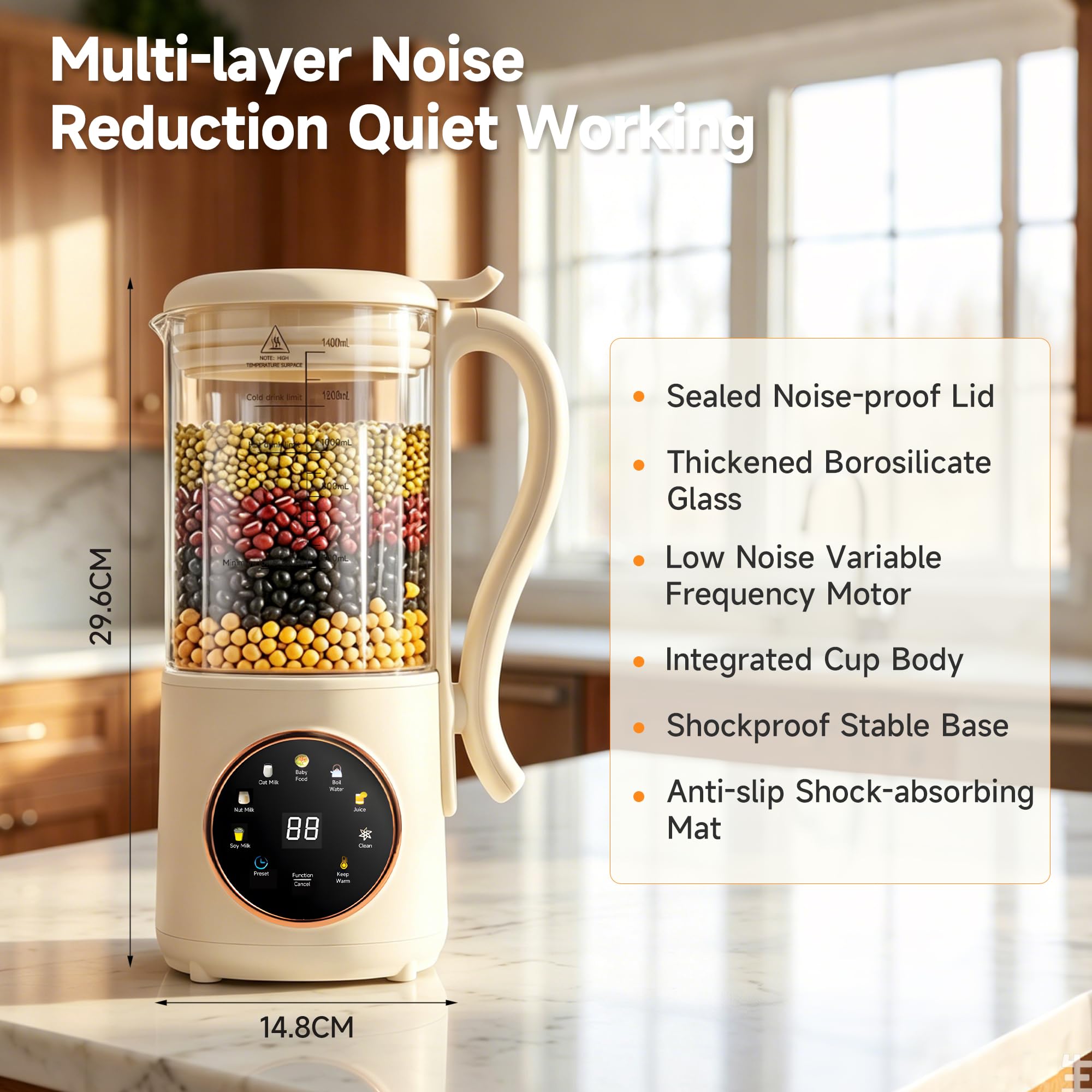 Nussmilchmaschine 1.4L, Automatischer Nussmilchbereiter, Pflanzenmilchbereiter, Hafermilch Maschine LED-Display, Entsafter Sojamilch Maschine für Selbstgemachte Pflanzenmilch, Hafer, Mandelmilch