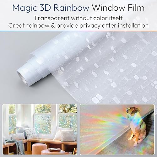 Miniatura 6 de rabbitgoo Película decorativa de privacidad para ventana, diseño de arco iris, adhesivo 3D para ventana, bloqueo solar anti-UV, control de calor,